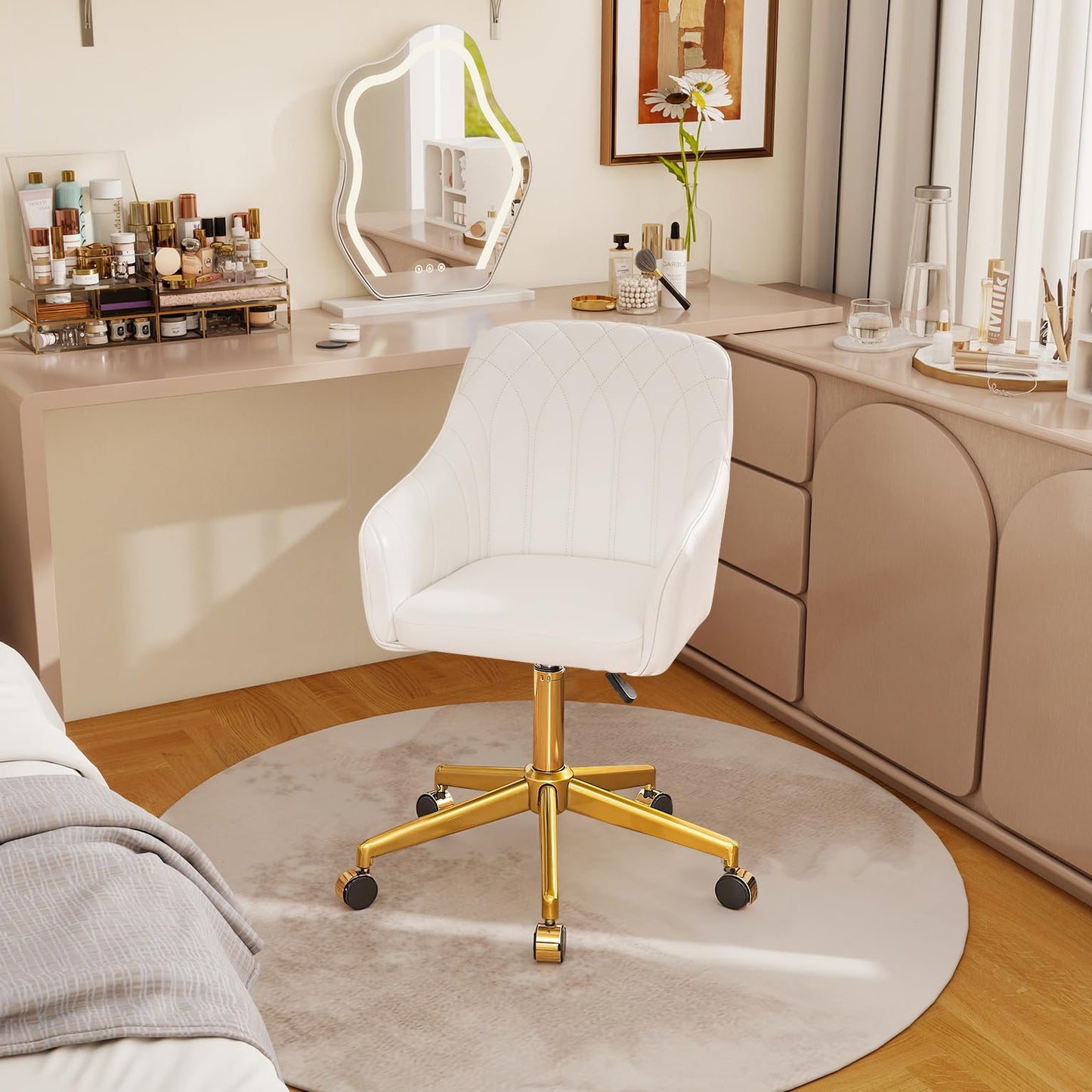 VECELO Modern PU Swivel Home Office Desk Chair with Back & Rolling Wheels, Adjustable Seat Height for Girls Women Bed Room Vanity Makeup/Task/Computer Work, White