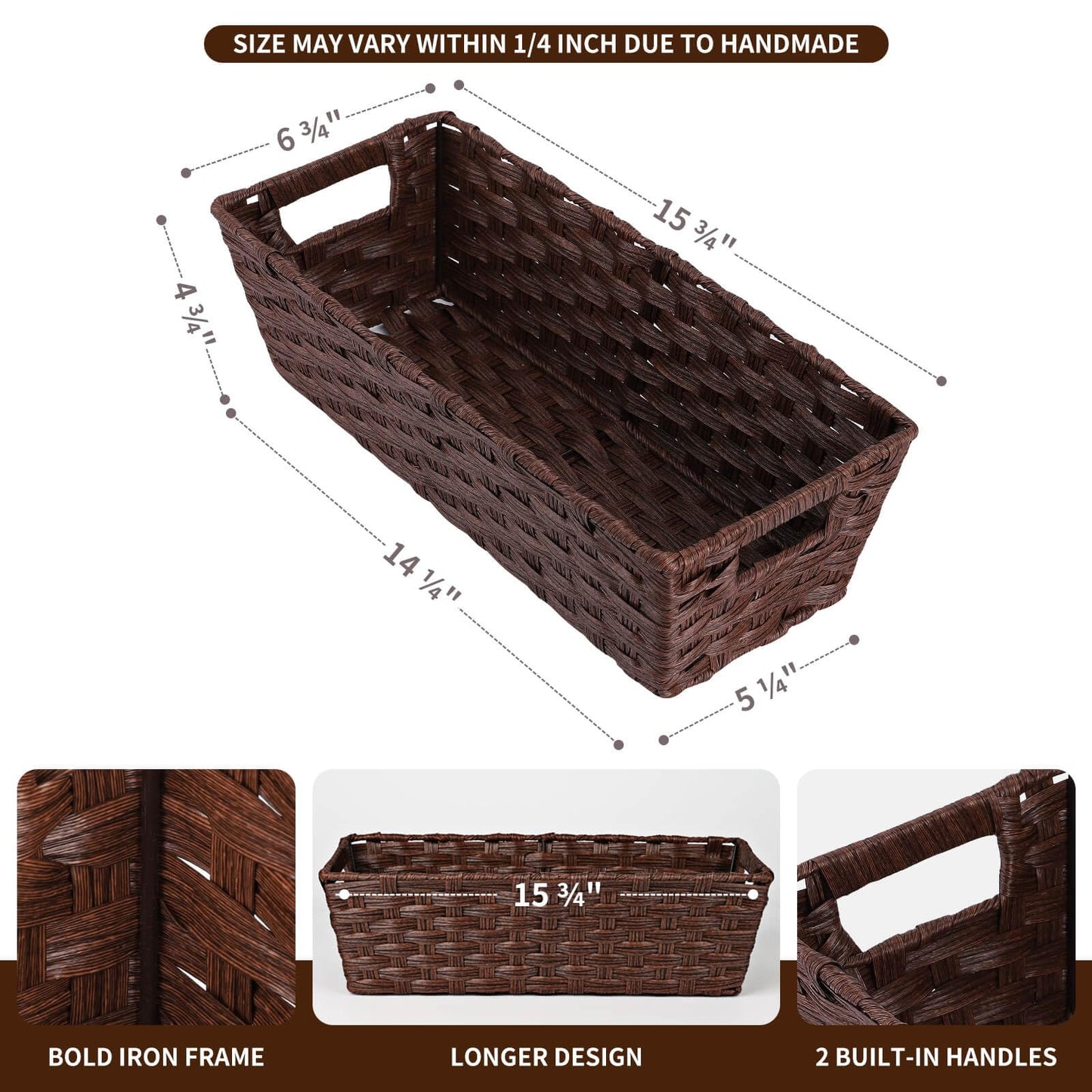 Onlytak Plastic Wicker Storage Baskets - Toilet Tank & Bathroom Baskets, Woven for Organizing, Brown, 15¾" x 6¾" x 4¾", 2-Pack