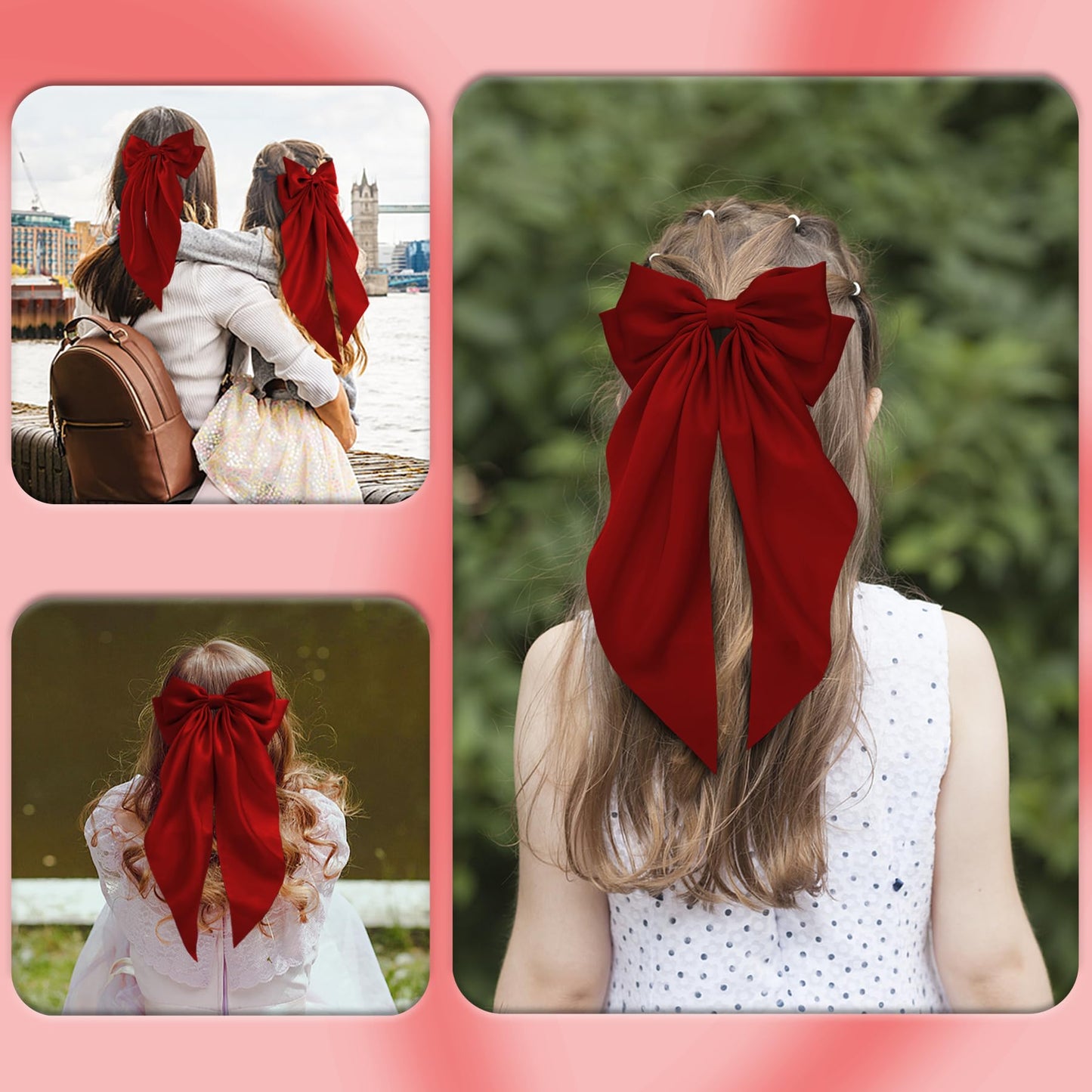 Hair Bows for Women, 2Pcs Burgundy Red Bow Hair Clips for Girls, Silky Satin Hair Bows Clips Long Tail, Large Hair Barrettes Cut