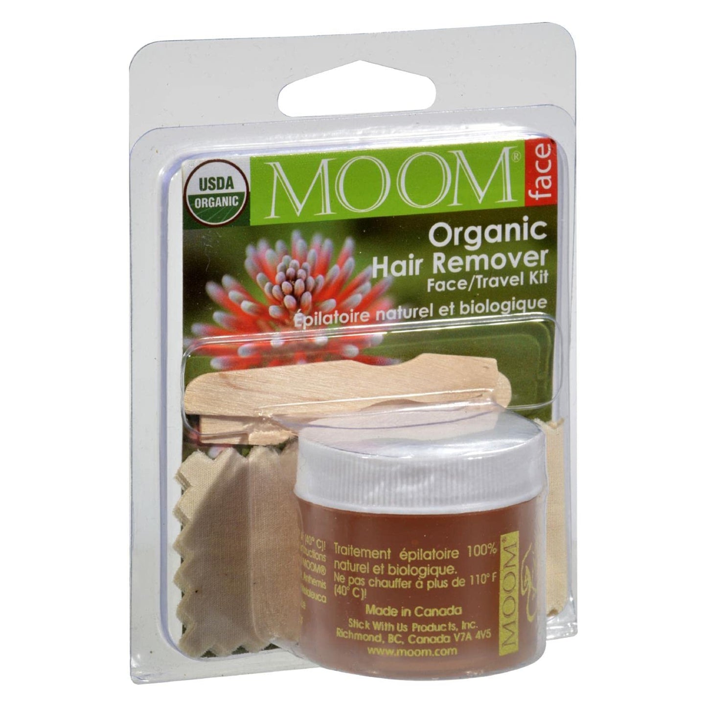 Moom Organic Travel Wax Kit (1.6 oz.) All-Natural Sugar Waxing Glaze with Aloe, Tea Tree Oil & Chamomile for Face with 6 Facial