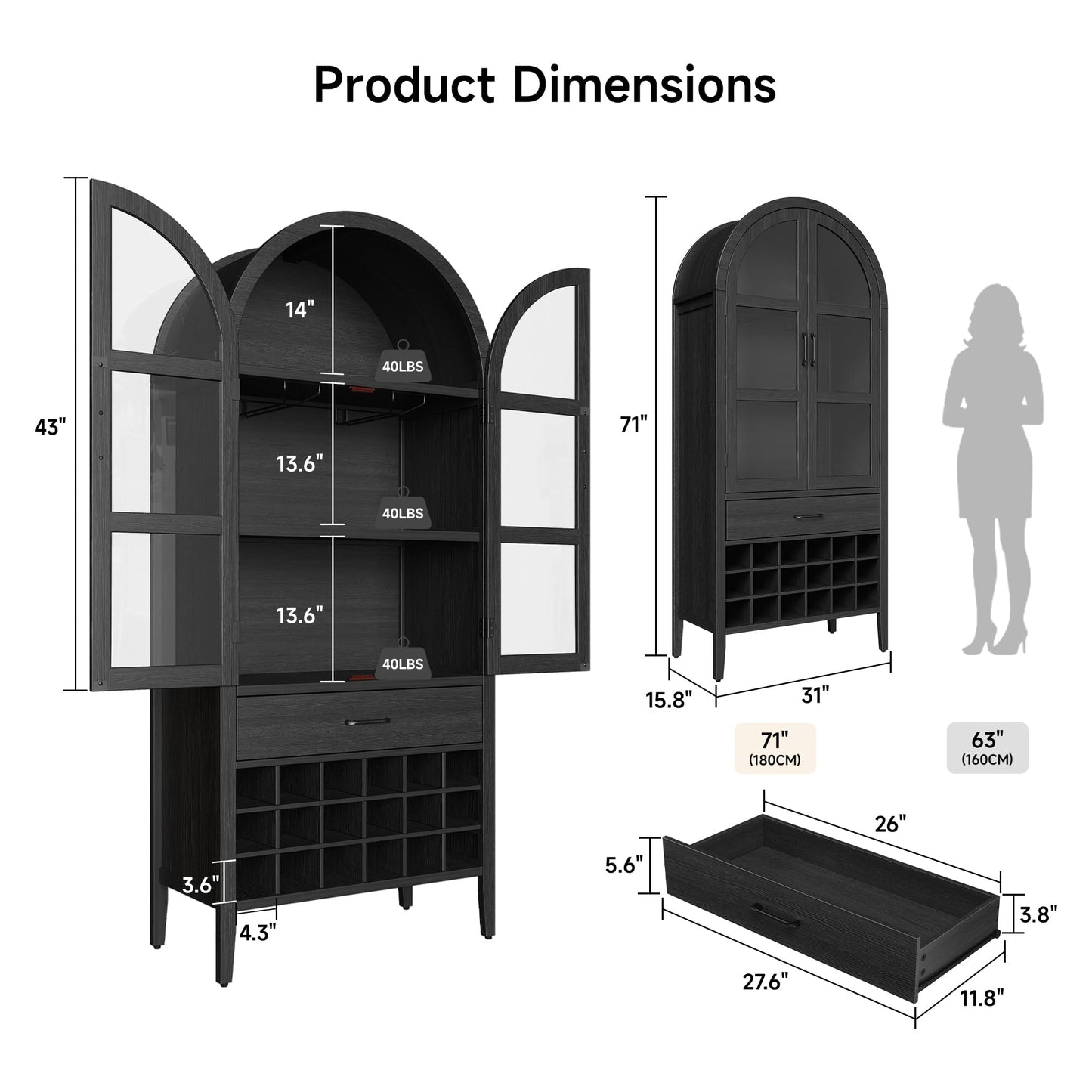 ONBRILL 71" Tall Arched Wine Bar Cabinet with Storage, Bar Cabinets with Doors and Shelves, Liquor Cabinet for Home, Kitchen Pantry for Dining Living Room (Black)