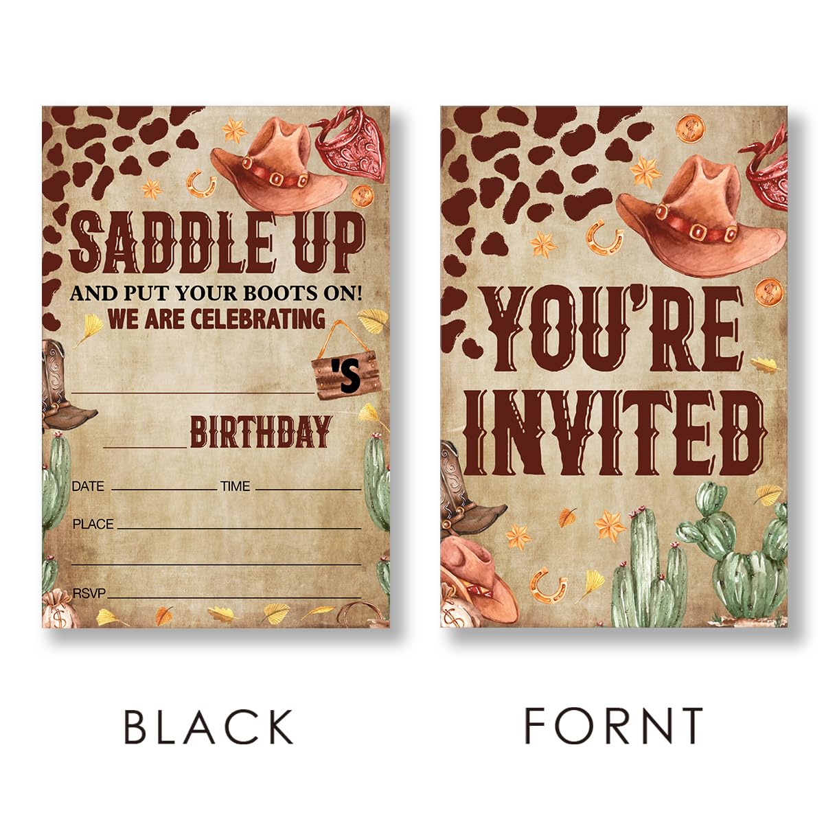 EUDOSI Wild West Cowboy Birthday Party Invitations Supplies Fill-In Set of 20 with Envelopes Retro Counrty Western Birthday Bash Invites Cards, Double Sided