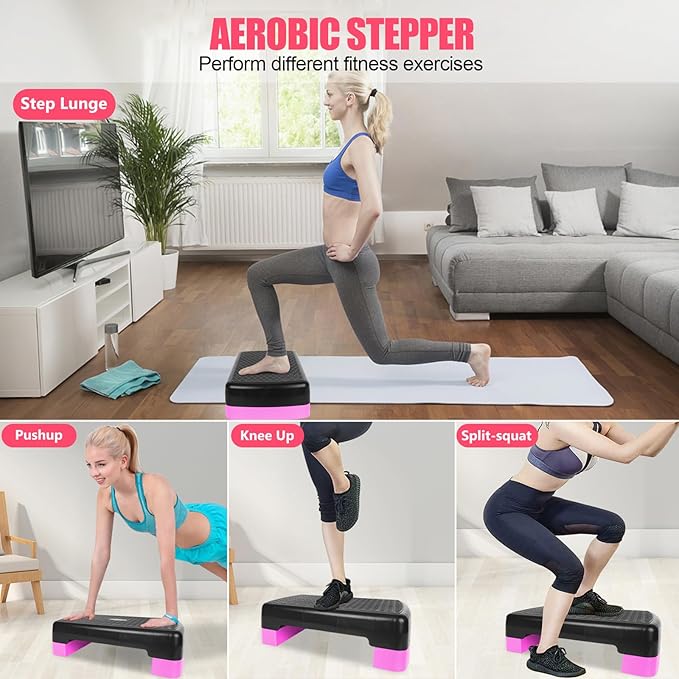 HaoKang Height-Adjustable 4''-6'' Step Aerobics Platform Fitness Equipment Stepper Trainer Exercise Step Platform with 2 Riser