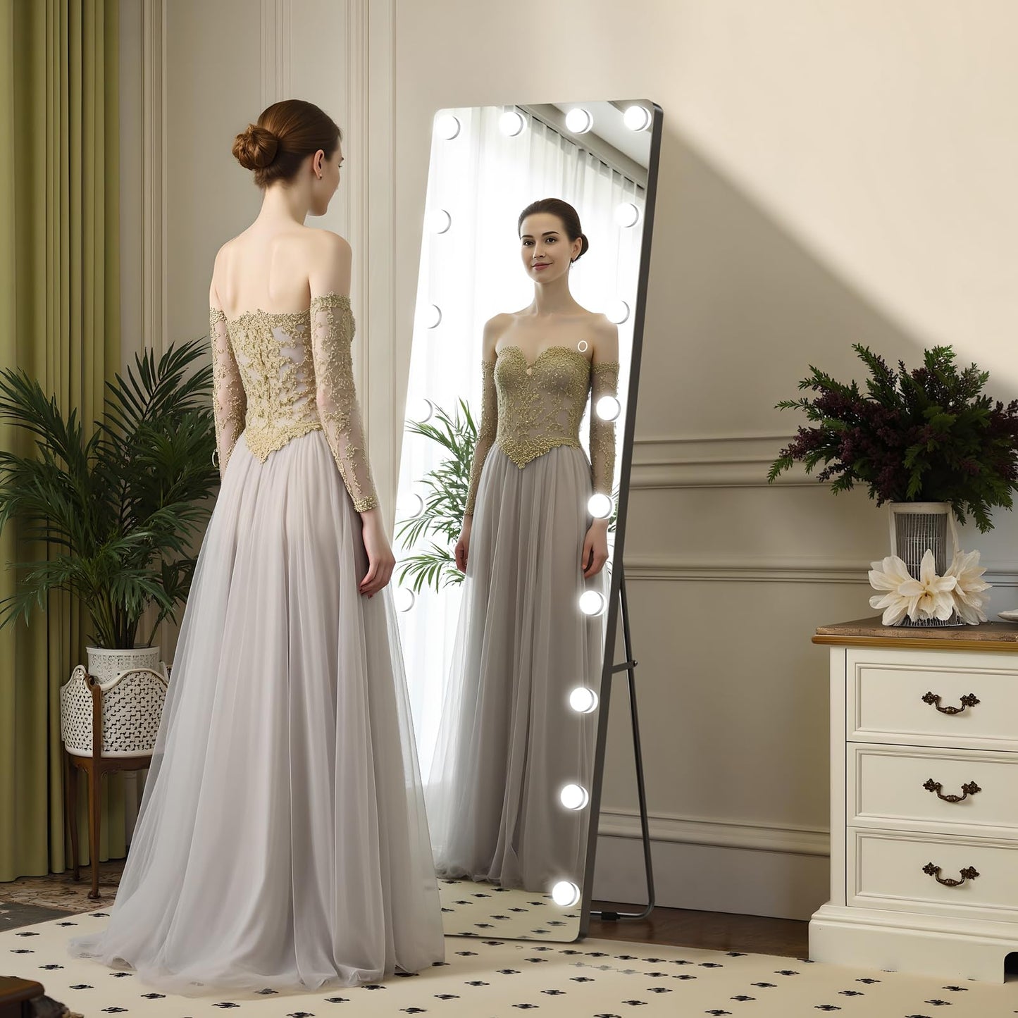 Kosmonia 62x20 Hollywood Full Length Mirror with Light, 20 Dimmable Bulbs & 3 Color Smart Touch Control, Distortion Free, Tempered Glass, Safe Full Body Mirrors with Stand