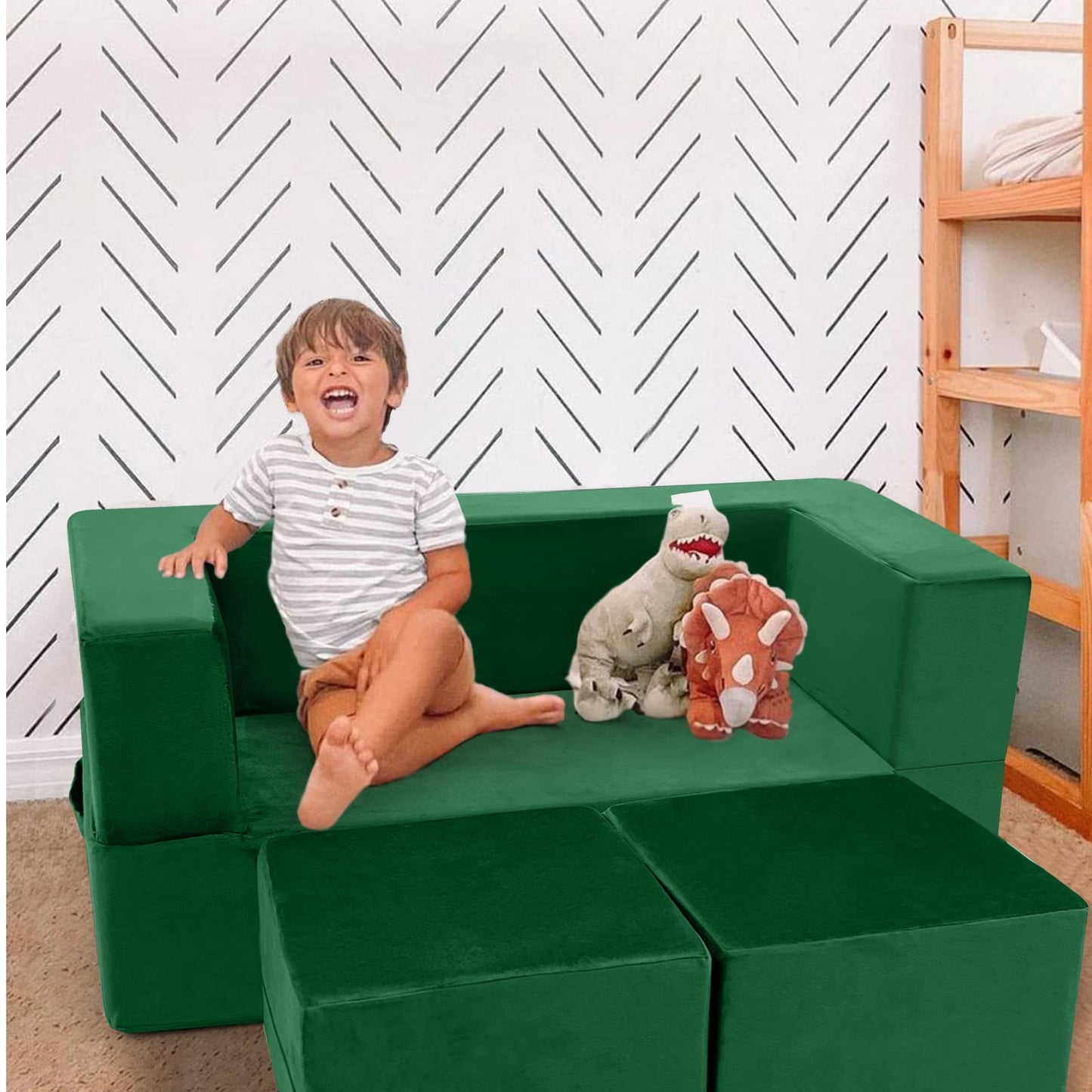 MeMoreCool Modular Kids Play Couch Sofa – Green Convertible Toddler Couch, Fold-Out Plush Foam Chair for Children’s Playroom
