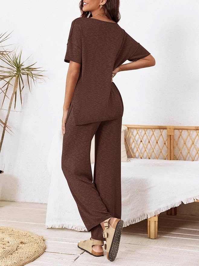Tankaneo Women's 2 Piece Travel Outfits Casual Short Sleeve Knit Sweater Set Wide Leg Pants Lounge Sets Tracksuit