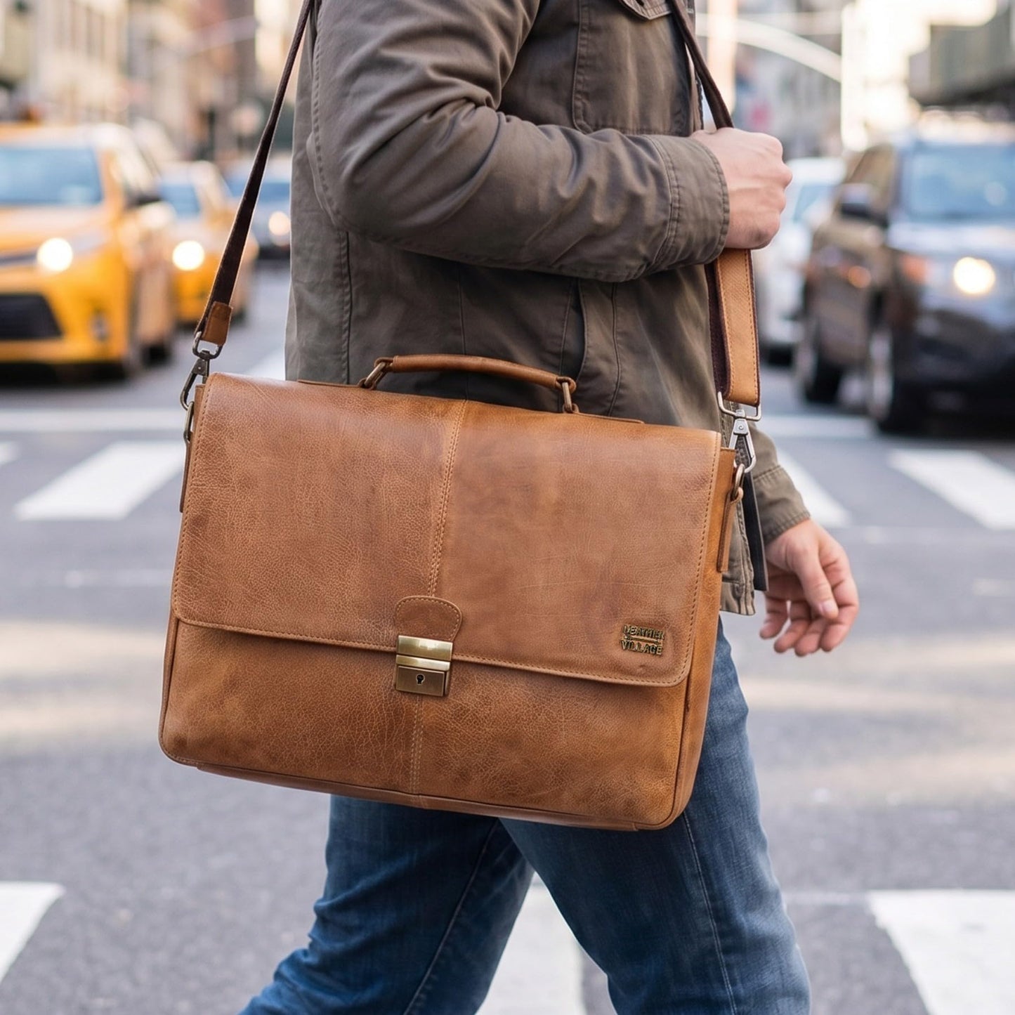 LEATHER VILLAGE Leather Messenger Bag for Men & Women, 16 Inch Handmade Laptop Briefcase Satchel, Crossbody Shoulder Office Bag for Work, Travel & Business - Cognac Brown