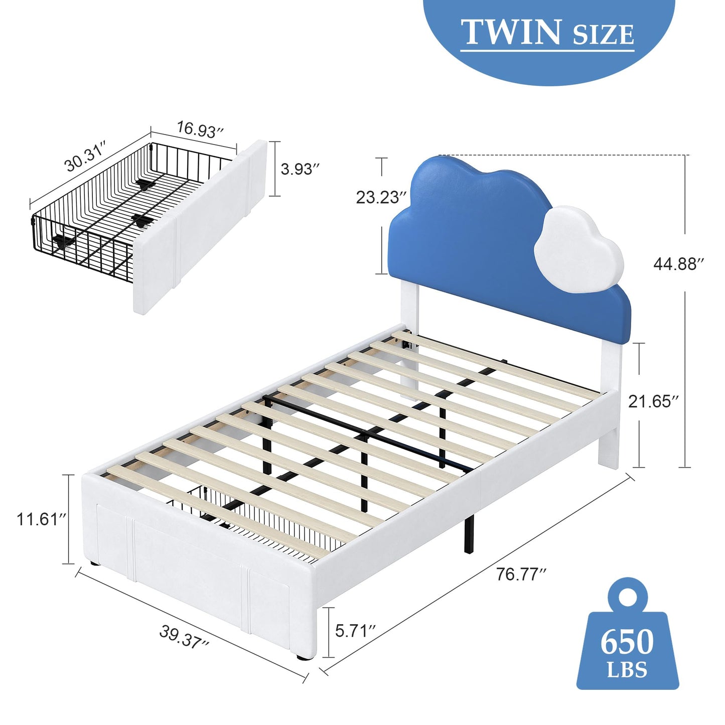 VECELO Twin Upholstered Bed Frame for Kids, Platform Bed Frames with Cloud-Shaped Headboard, Large Storage Drawer, Wooden Slats Support, Noise-Free, Blue