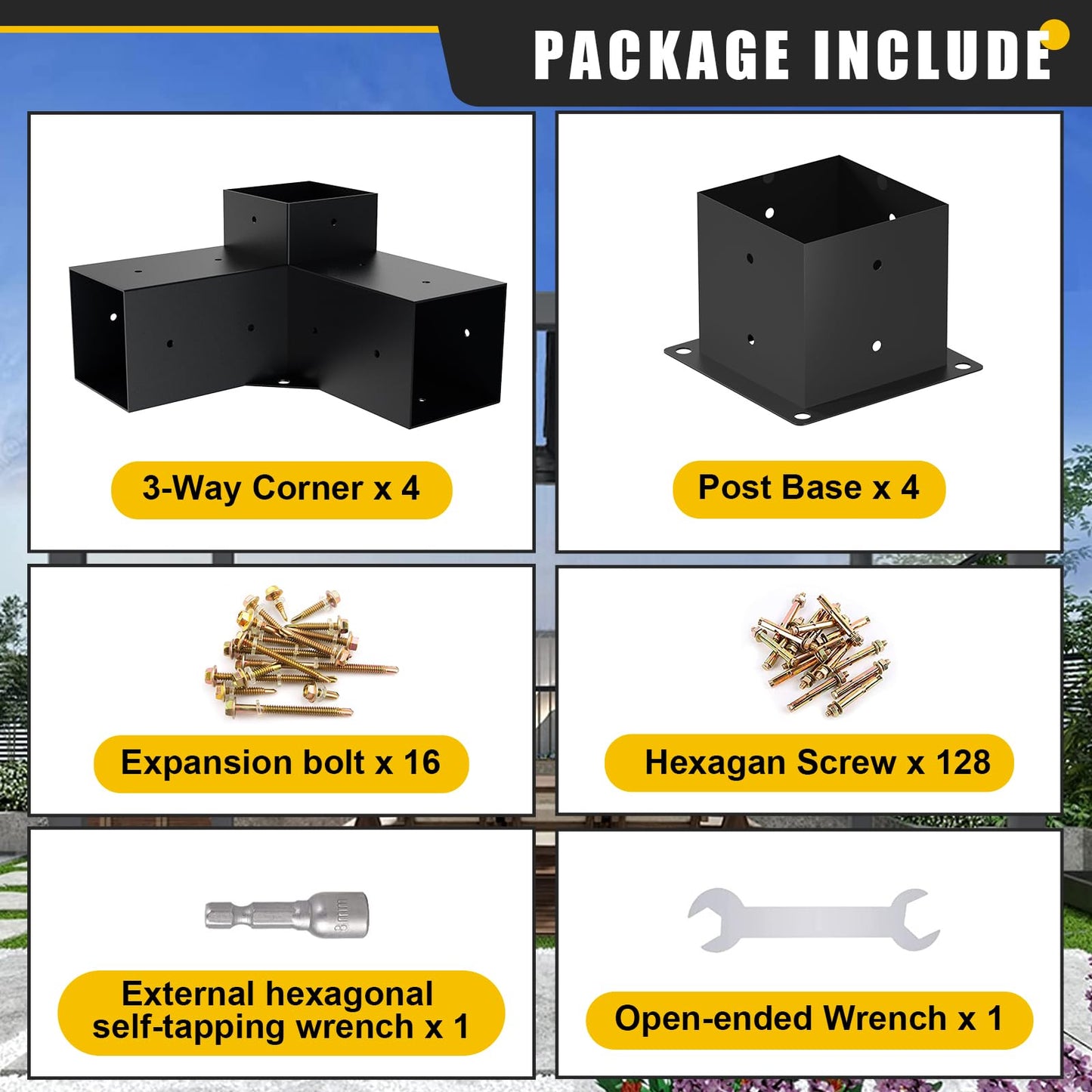 Kinchoix 4x4 Woodworks Pergola Brackets Kit, 3-Way Corner Extension, Black Powder Coated, Metal Brackets for Wood Beams, Fence, Carport (Actual: 3.5"x3.5")