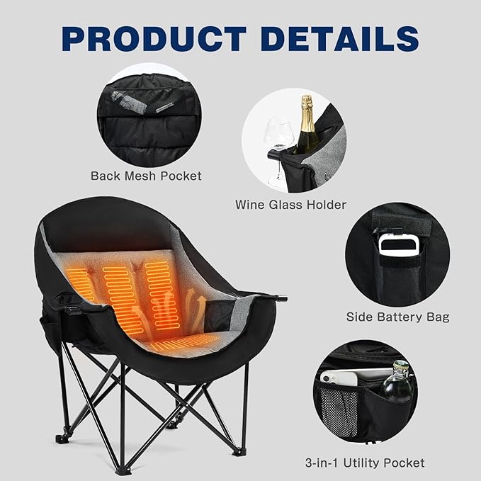 apollo walker Heated Oversized Camping Chair - Extra Wide Heavy Duty Padded Folding Camping Chairs for Adults with Adjustable Heating, Cooling Bag, Side Pocket, Cup Holder and Carry Bag