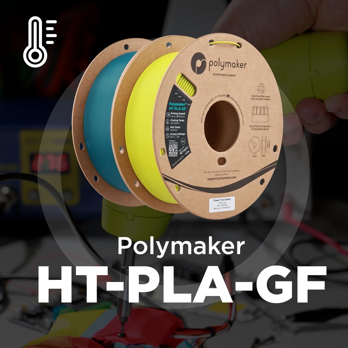 Polymaker HT-PLA-GF Filament 1.75mm Power Tool Teal, High Temp PLA for 3D Printing, Heat Resistant to 150°C, Easy to Print, Easy to Anneal, Works with Most FDM Printers, 1kg Spool