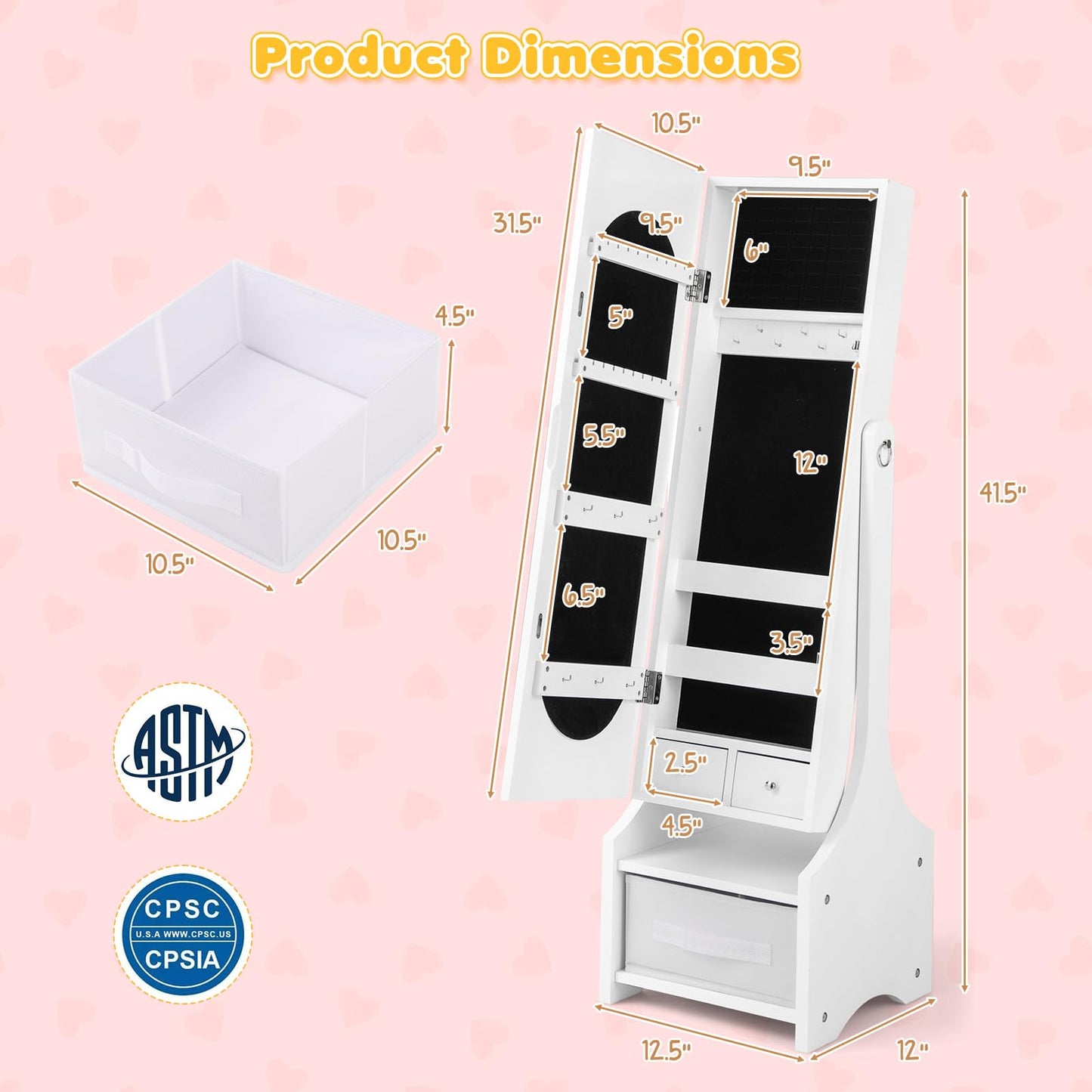 CHEFJOY Kids Jewelry Armoire Cabinet, Children Dressing Organizer with Mirror Full-Length & 3 Storage Drawers, Free Standing Princess Make Up Vanity for Girls Room, Bedroom (White)