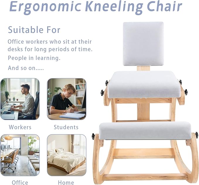 VDNEND Ergonomic Kneeling Chair with Back Support,Wooden Kneeling Chair Desk for Work, Rocking Office Kneel Chairs for Relieve Back Pain, Kneeling Posture Chairs for Gaming,Home (Light Gray)