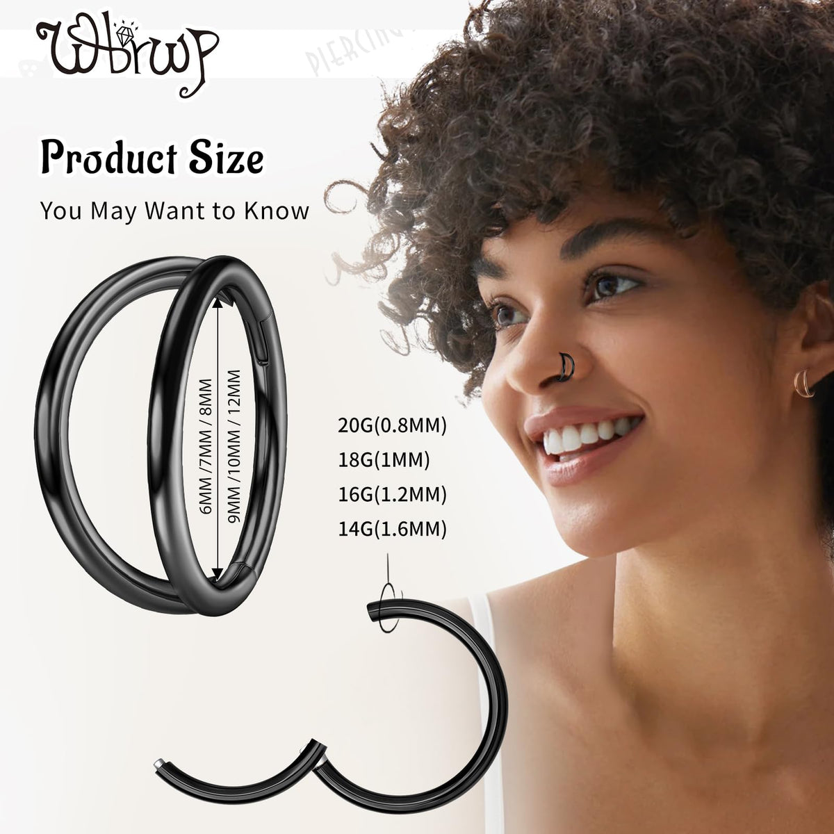 WBRWP Nose Ring Lip Rings Septum-Clicker : Double Ring Open Stacked Black Ring 18G 10mm 316L Surgical Steel Sleeper Earring Heli