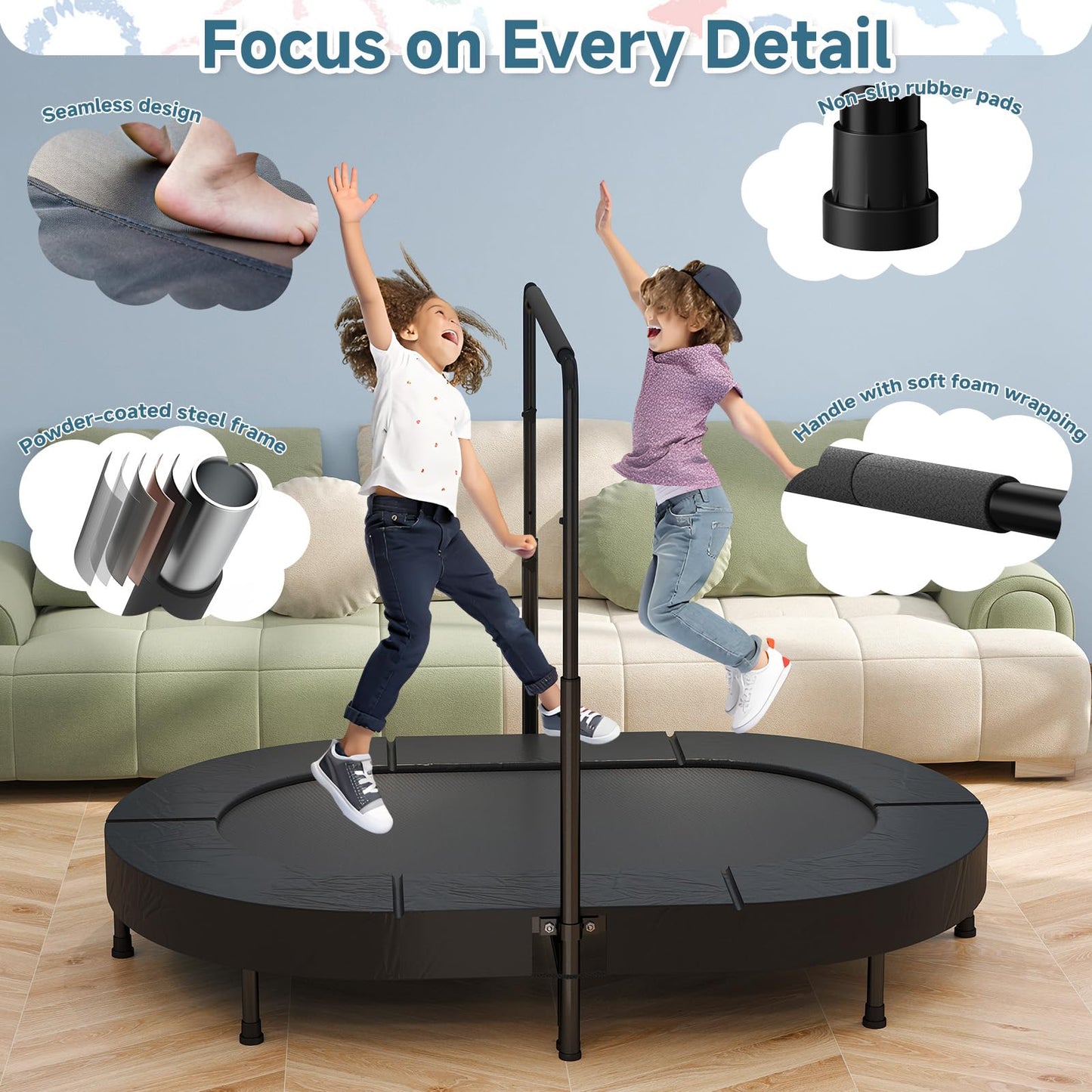 Kiivakii 36"x56" Indoor Trampoline for Kids, Foldable Trampolines with Adjustable Handle, Double Trampolines for Boy and Girl, Kids Exercise Trampoline, Black