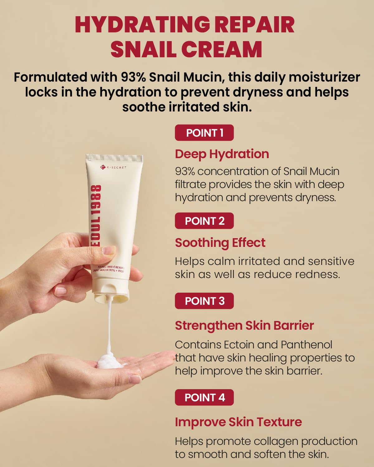 KSECRET SEOUL 1988 Cream : Snail Mucin 93% + Rice, 100ml/3.38fl.oz.