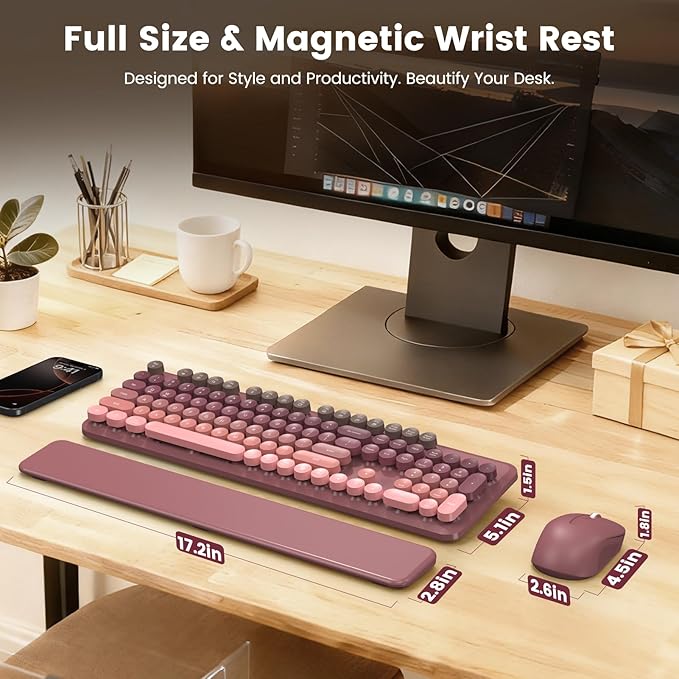 Wireless Keyboard and Mouse Combo, Cute Retro Typewriter Keyboard with Round Keycaps, Full-Size Aesthetic Keyboard with Magnetic Wrist Rest, 2.4GHz USB for Windows/Mac Desktop Laptop (Pink Gradient)