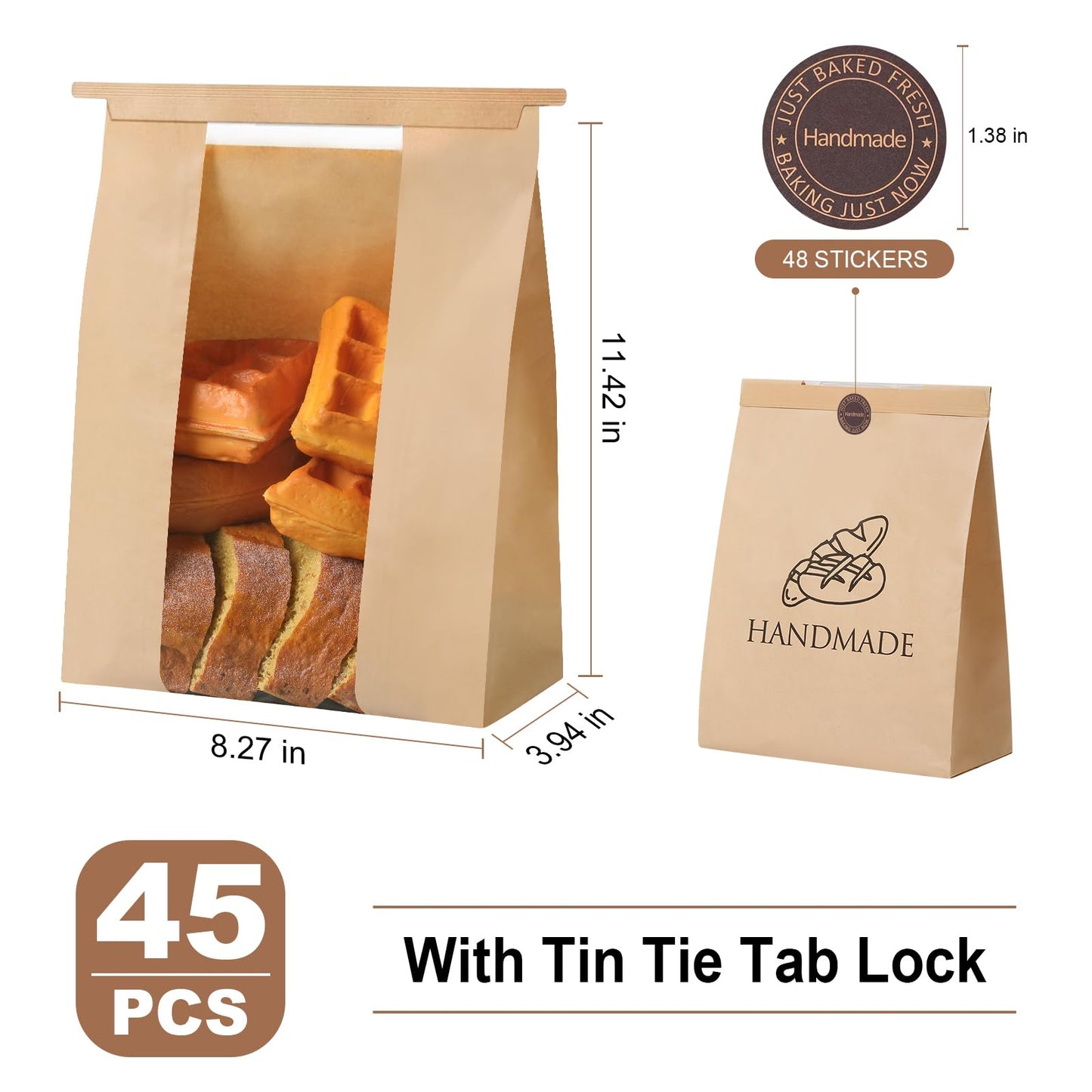 45 Pack Paper Bread Bags for Homemade Baking - Tin Tie Tab Lock Sourdough Bag, Large Loaf Packaging With Clear Window for Storage - 48 Label Seal Stickers for Bakery Use
