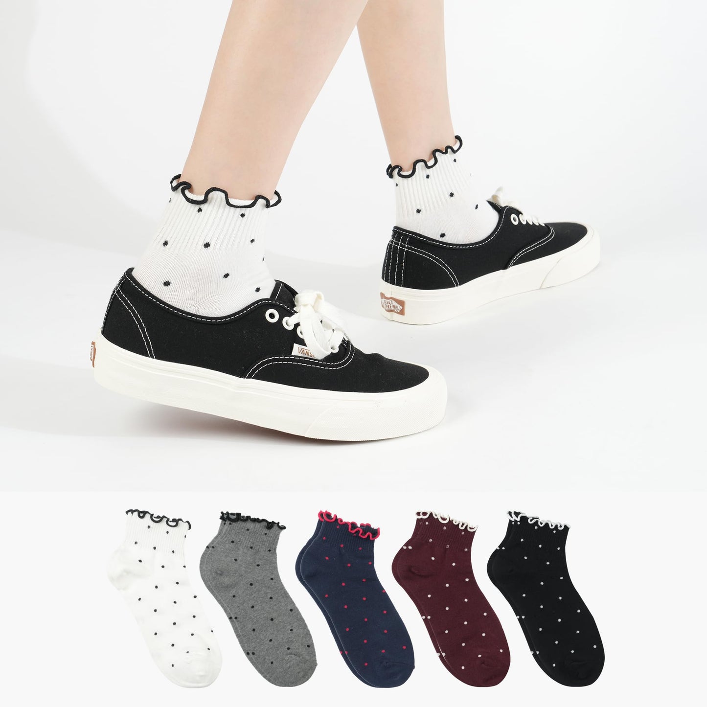 kikiya socks Women Cute Ankle | 5 Pairs Ruffle Design with Polka Dots Pattern Cute Frilly Lace Mid Cut Black White Gray Wine Navy Print Daily Cotton Socks | Womens Ladies Girls Gift | Ruffle Dot A