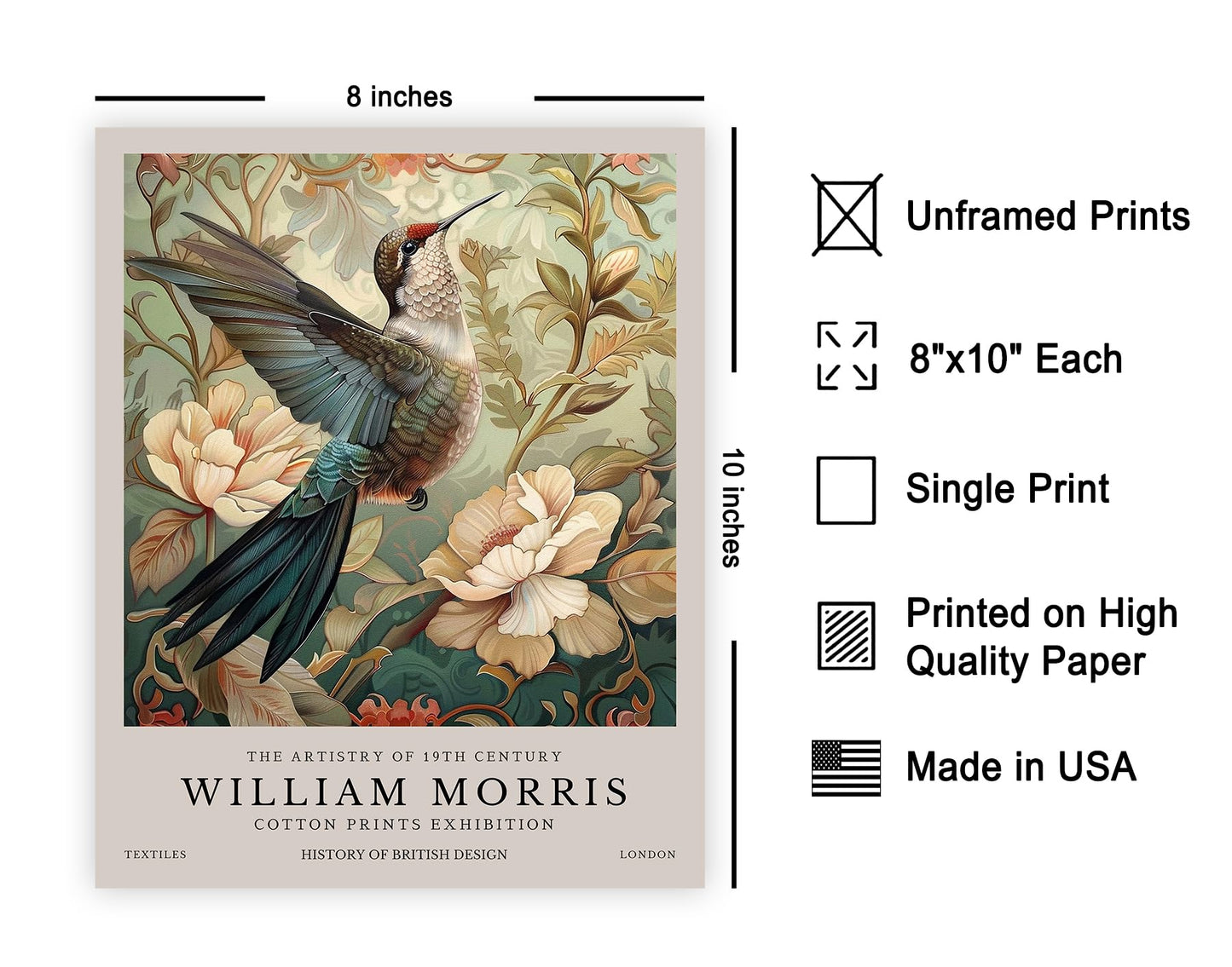 Monem Art William Morris Poster - Hummingbird Print - Bird Art - Botanical Art - Flower Art - Exhibition Art - Animal Art - Floral Art - Aesthetic Office or Bedroom Decor - 8x10 UNFRAMED Wall Art