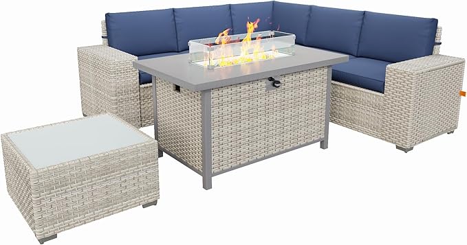 Broivira 7 Piece Patio Furniture Set with 50,000 BTU Rattan Fire Pit Table That Converts to Coffee Table, 9.8" Wide Arm Sectional Sofa with Storage Armrests, Outdoor Rattan Conversation Set, Blue