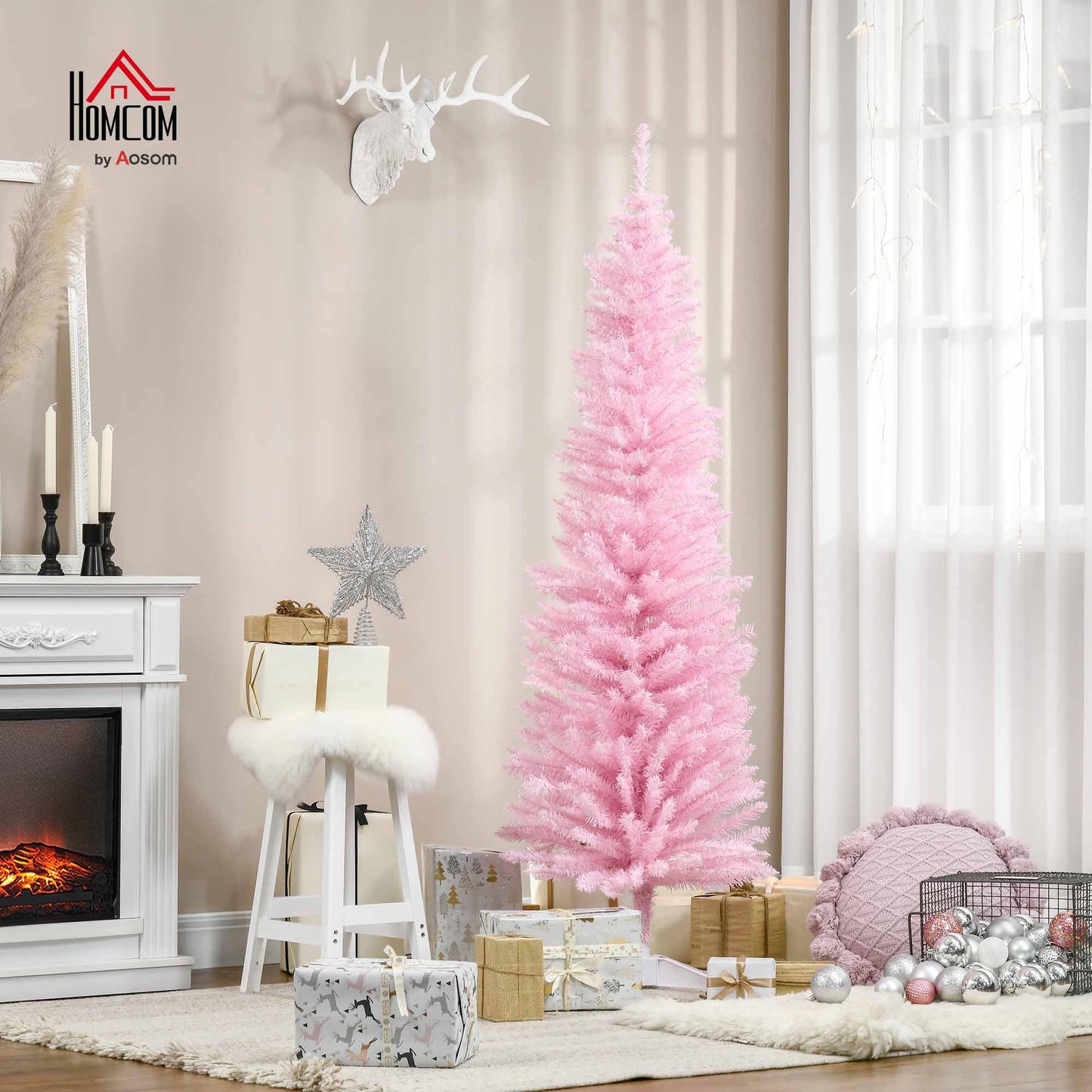HOMCOM 6' Artificial Pencil Christmas Tree, Slim Xmas Tree with 390 Realistic Branch Tips and Plastic Stand, Pink