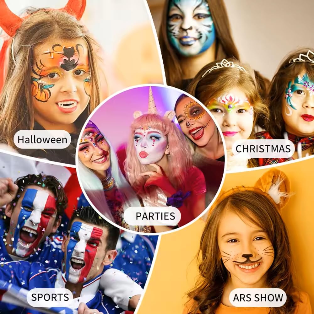 Kids Face Painting Kit, 20 Non-Toxic Water Based Paints, Professional Face and Body Paint Makeup for Sensitive Skin, 4 Stencils, 2 Hair Chaulk Combs, 2 Sponges