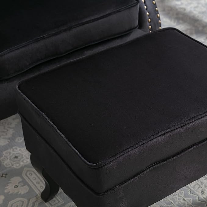 chairus Mid-Century Modern Accent Chair with Ottoman, Comfy Velvet Single Sofa Chair Button Tufted Wingback Armchair with Pillow for Living Room/Bedroom/Club - Black