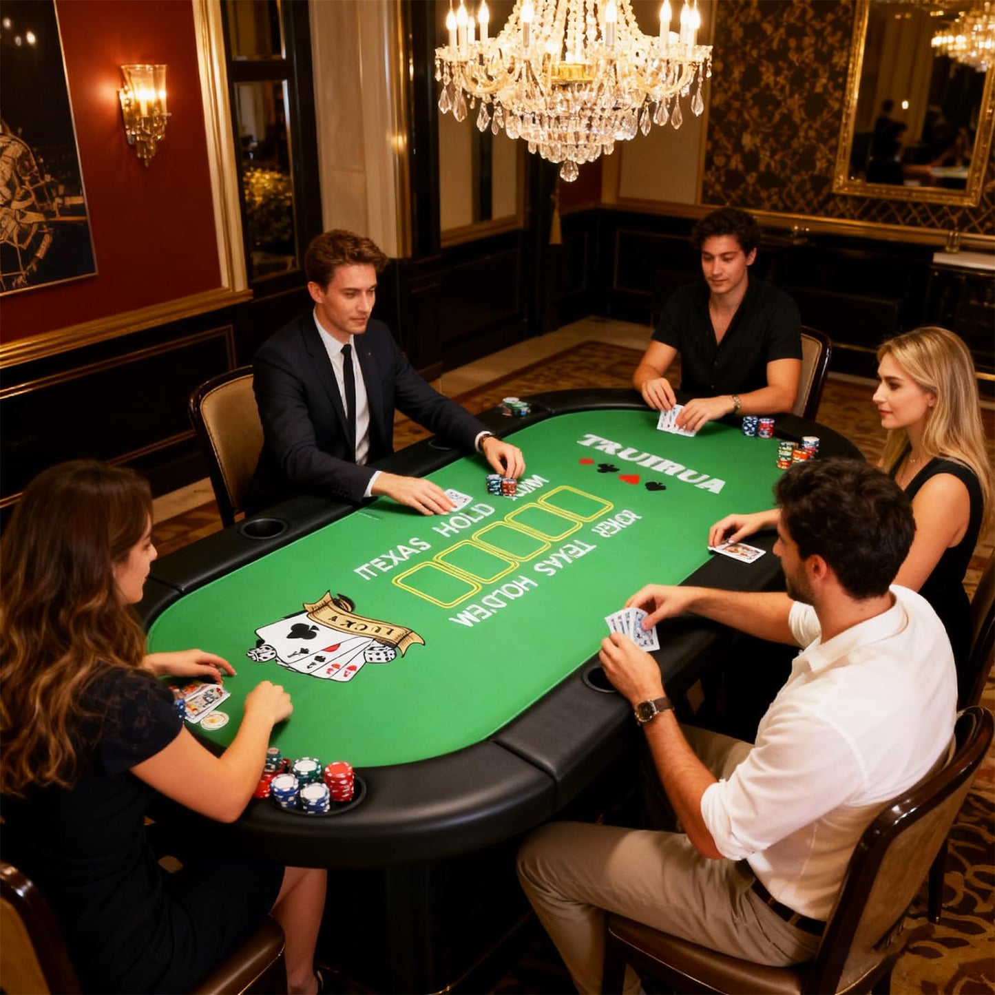8 Player Folding Poker Table with 2 Interchangeable Game mats, Texas Holdem Poker and Blackjack, Collapsible Casino Table with Padded Rails and XXL Cup Holders for Wine and Whiskey Glasses (71 inch)