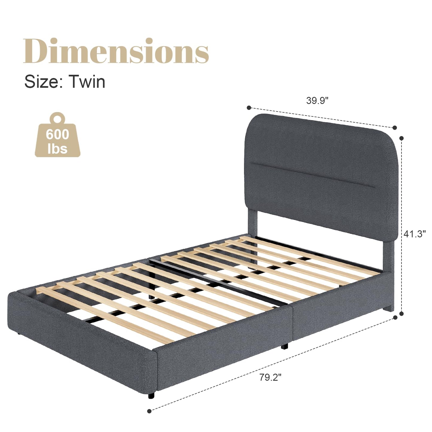 HOMBCK Twin Size Boucle Bed Frame, Upholstered Bed Frame with Rounded Headboard, Soft Modern Bed Frames with Thickened Footboard, Rounded Corners, No Box Spring Needed, Easy Assembly, Grey