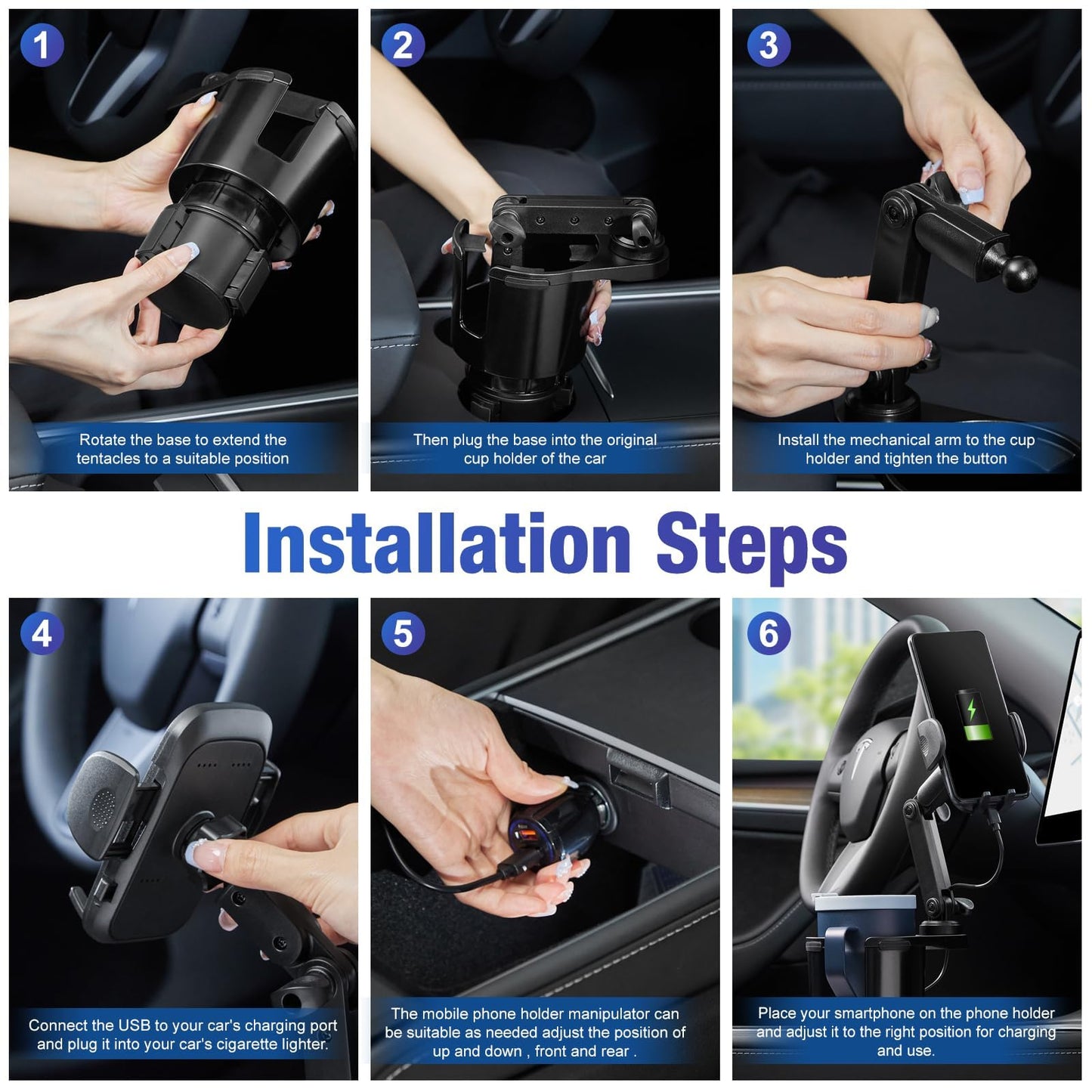 This Hill Cup Holder Phone Charger, 15W Fast Charging Auto Clamping, Phone Holder For Cup Holder Charger With Adjustable Base &