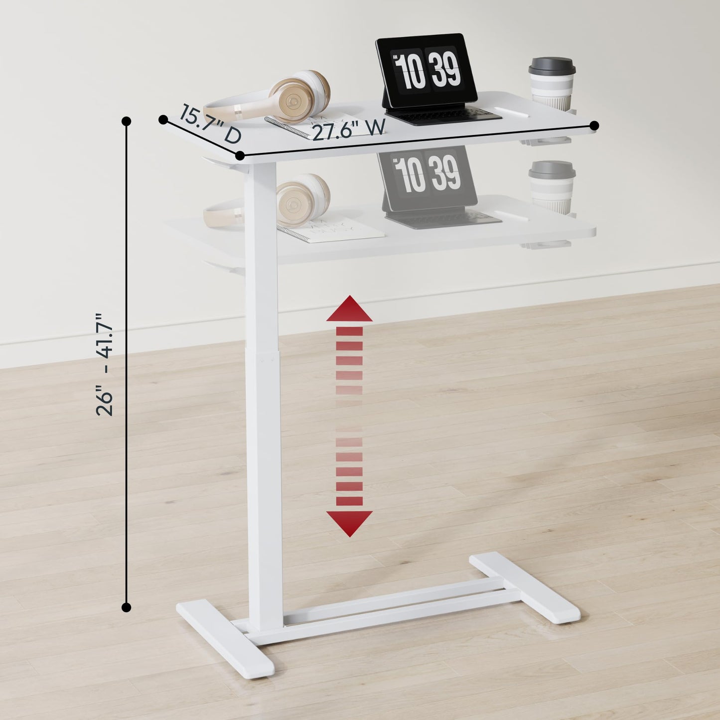 SANODESK Mobile Standing Desk with Hidden Wheels,Pneumatic Laptop Desk Rolling Computer Cart Movable Height Adjustable Small Sit Stand Desk for Home Office(27.6" W x 15.7" D, White)