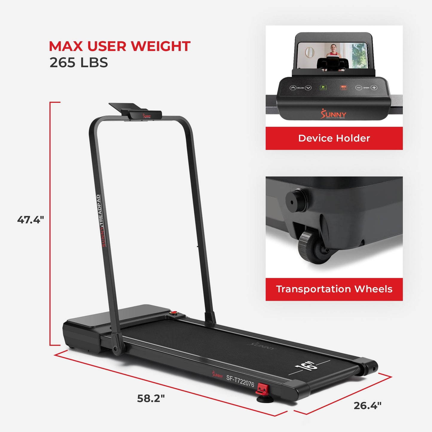 Sunny Health & Fitness Treadpad® Pacer Dual Mode Walking/Running Treadmill with 6-Level Auto Incline & Exclusive SunnyFit® App Enhanced Bluetooth Connectivity - SF-T722076