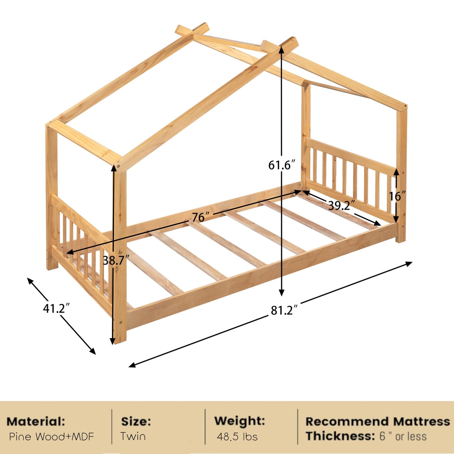 Bellemave Floor House Beds Wood Montessori Bed Frame Twin Size Platform Bed with Headboard & Footboard for Kids Boys Girls Teens, Natural