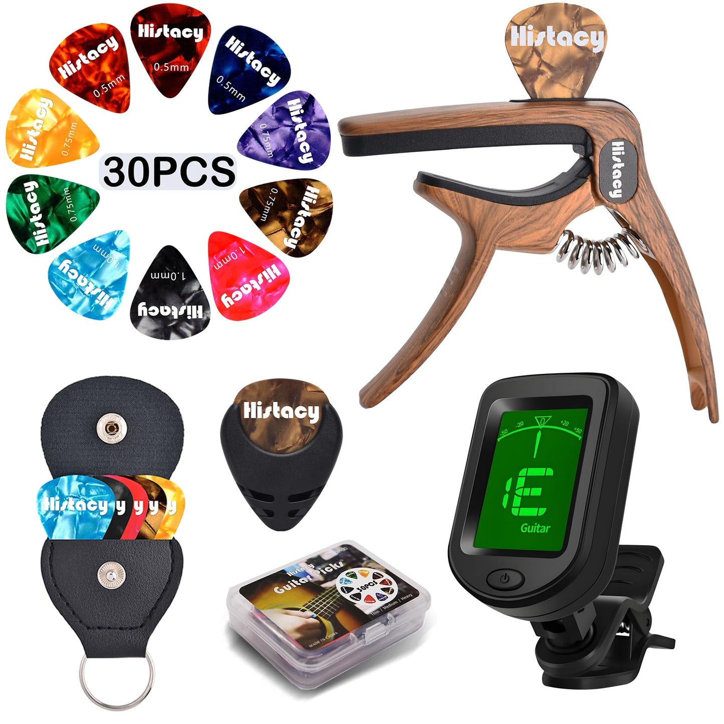Histacy Guitar Accessories Kit: Clip-On Guitar Tuner, 3-in-1 Capo, 30 Picks & Storage for Acoustic, Electric Guitar, Bass & Ukul