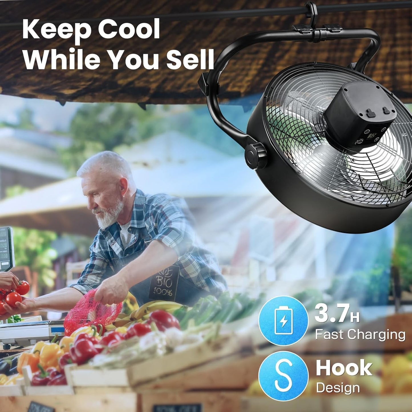 Air Choice 12 Rechargeable Battery Powered Fan, Portable Outdoor Fan With Ac Adapter And Usb Output, 360 Tilt, 20H Run Time, Ind
