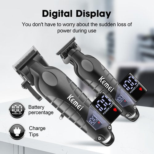 Kemei Hair Clipper and Trimmer Set Professional Cordless Hair Clipper for Men Electric Beard Trimmers Barber Hair Cuttings Kit, T Blade Trimmers for Men with LCD Display, KM-2290,KM-2293
