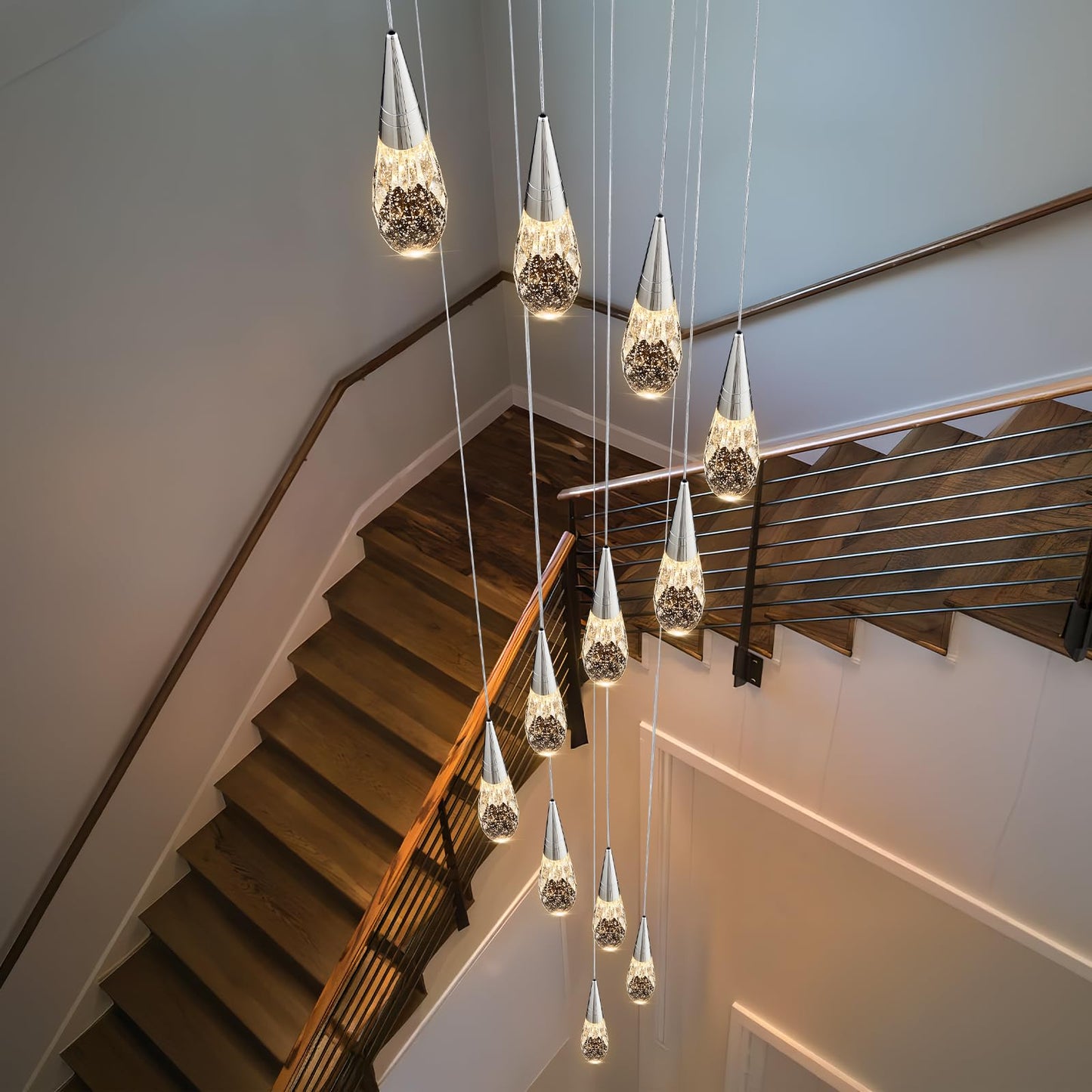 BaiZhou 12-Light Modern Crystal Chandeliers 3-Way Dimmable Long Pendant High Ceiling Bubble Raindrop Lighting Fixture for Staircase Foyer Entryway Bedroom Hallway Chrome
