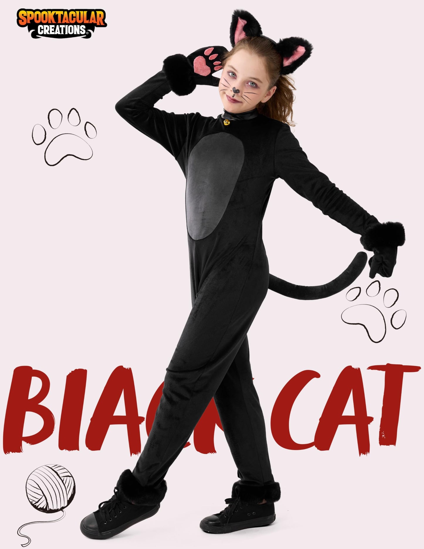 Spooktacular Creations Girls Cat Costume, Black Cat Plush Costume, Child Outfit Set with Tail Headband Gloves for Kids Halloween Role Play Themed Parties, M
