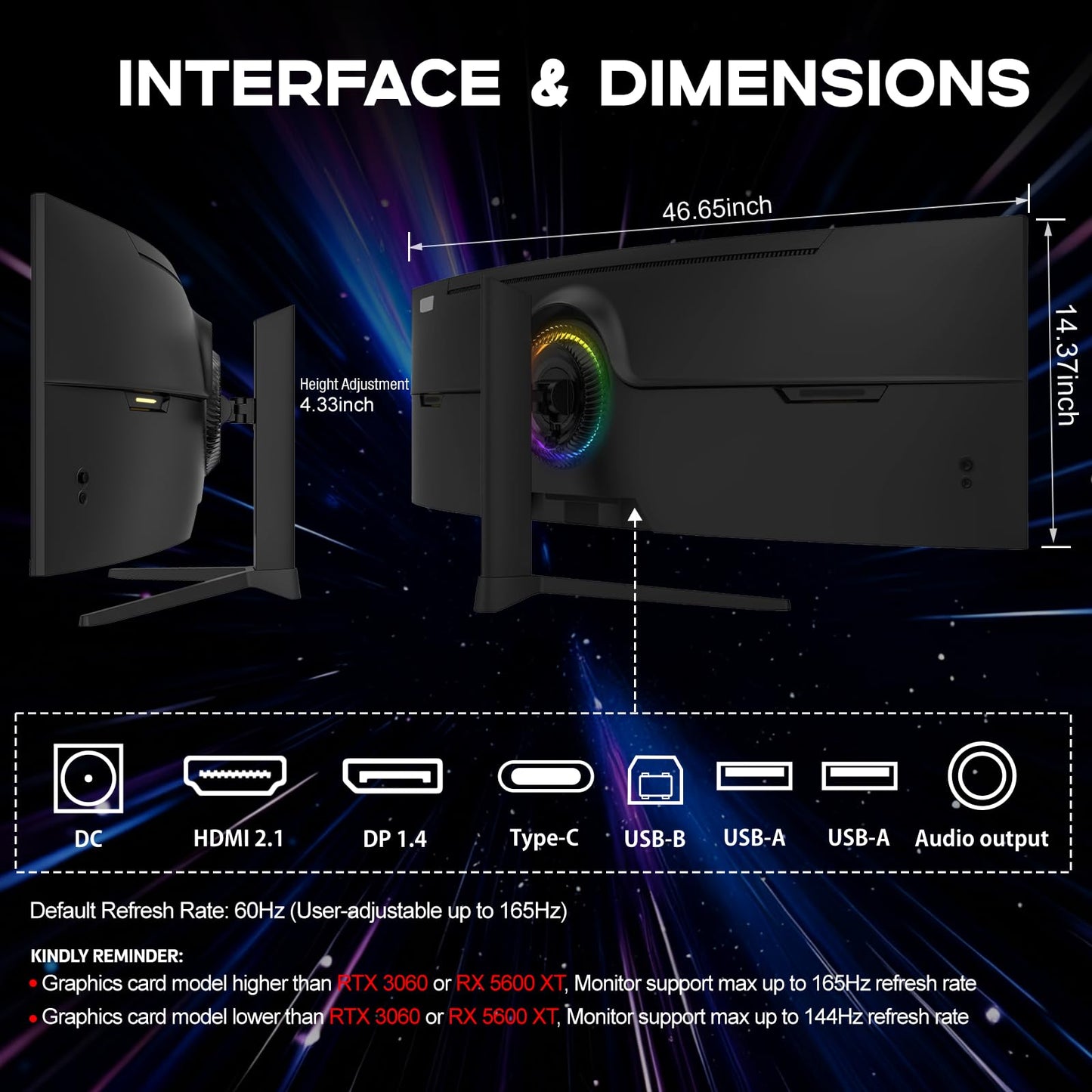 49 inch Curved Monitor with Remote, 165Hz WDQHD(5120 x 1440p) 5K Ultrawide Gaming Monitor R1500, HDR400, 3000:1 Contrast, sRGB 100%, USB-C, FreeSync, PIP/PBP, Built-in Speaker, HDMI 2.1 & DP 1.4