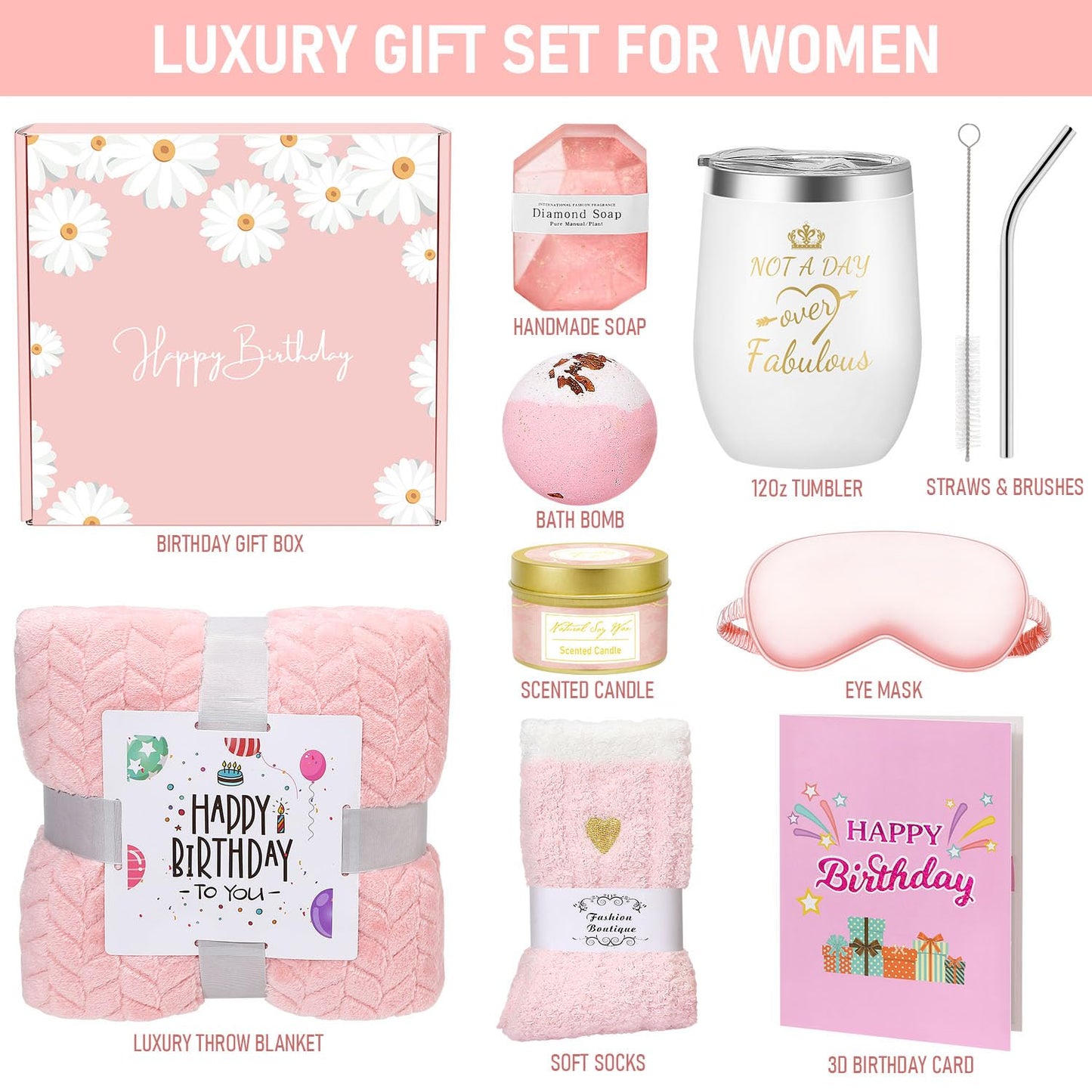 Birthday Gifts for Women Friendship, Happy Birthday Gifts Basket for Mom Friend Sister Wife Her Birthday Gift Unique, Luxury Self Care Gift Rose Relaxing Spa Gifts Set with 3D Birthday Card for Women