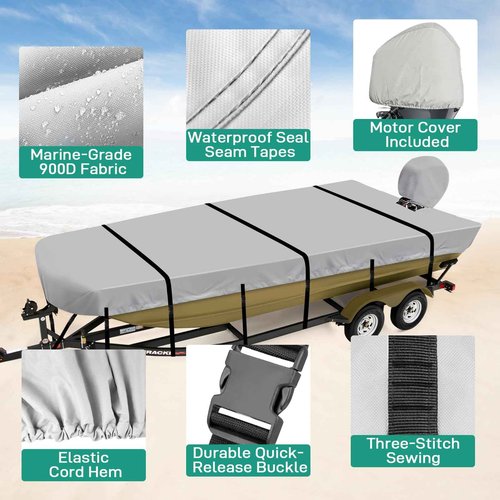 Caminor Jon Boat Cover 16ft, 900D Heavy Duty Trailerable Waterproof 16 ft Jon Boat Cover with Motor Cover, Marine Grade Canvas,Gray