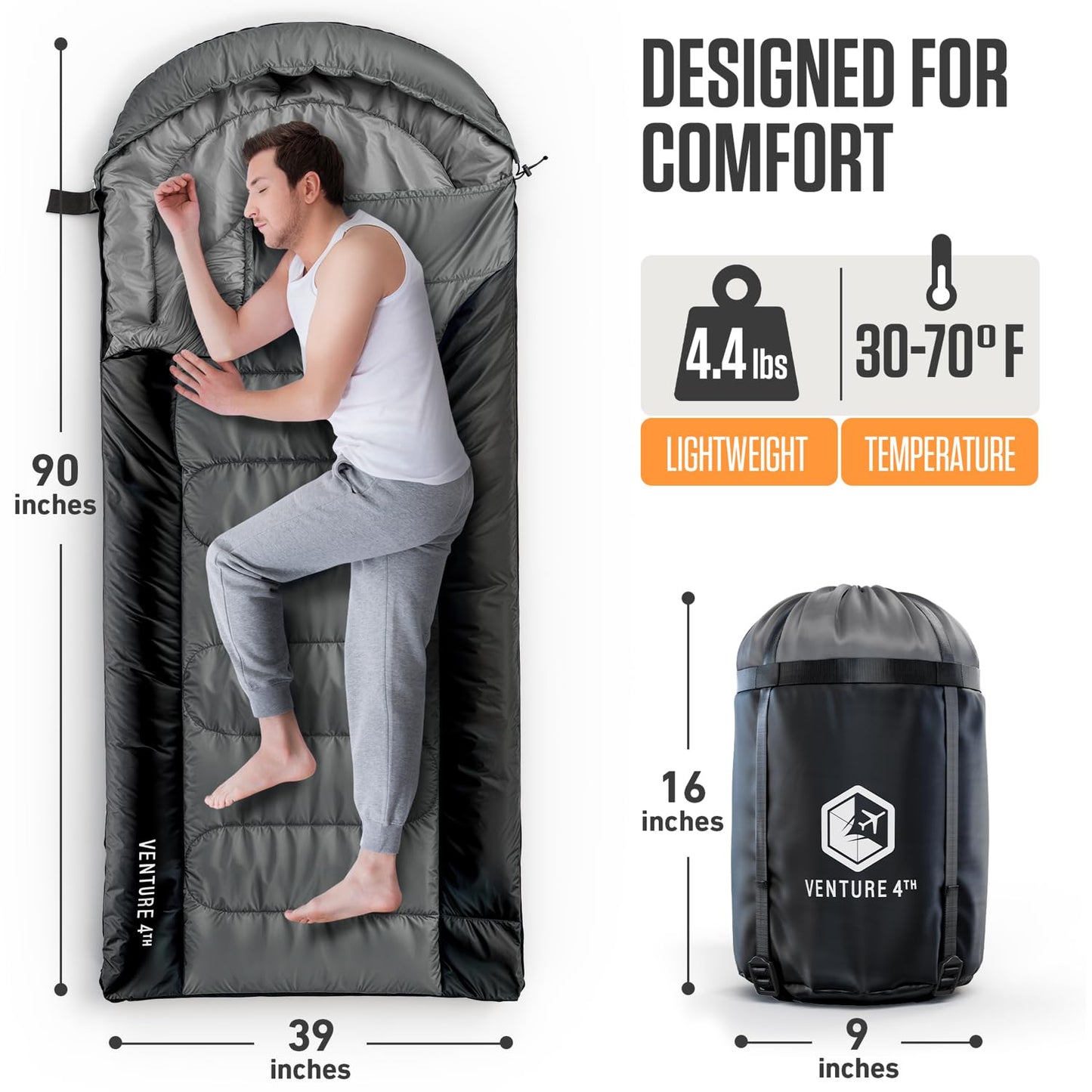 VENTURE 4TH 3-Season XXL Backpacking Sleeping Bag, Camping Sleeping Bags for Adults & Kids - Lightweight, Comfortable, Water Resistant, Ideal for Hiking, Camping & Outdoor – Silver/Gray