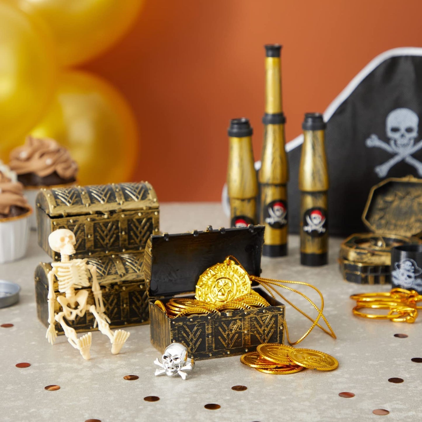 Juvale 100 Piece Set Pirate Birthday Party Supplies for Kids, Hat, Patch, Compass, Coins, Toys and Accessories for Party Favors