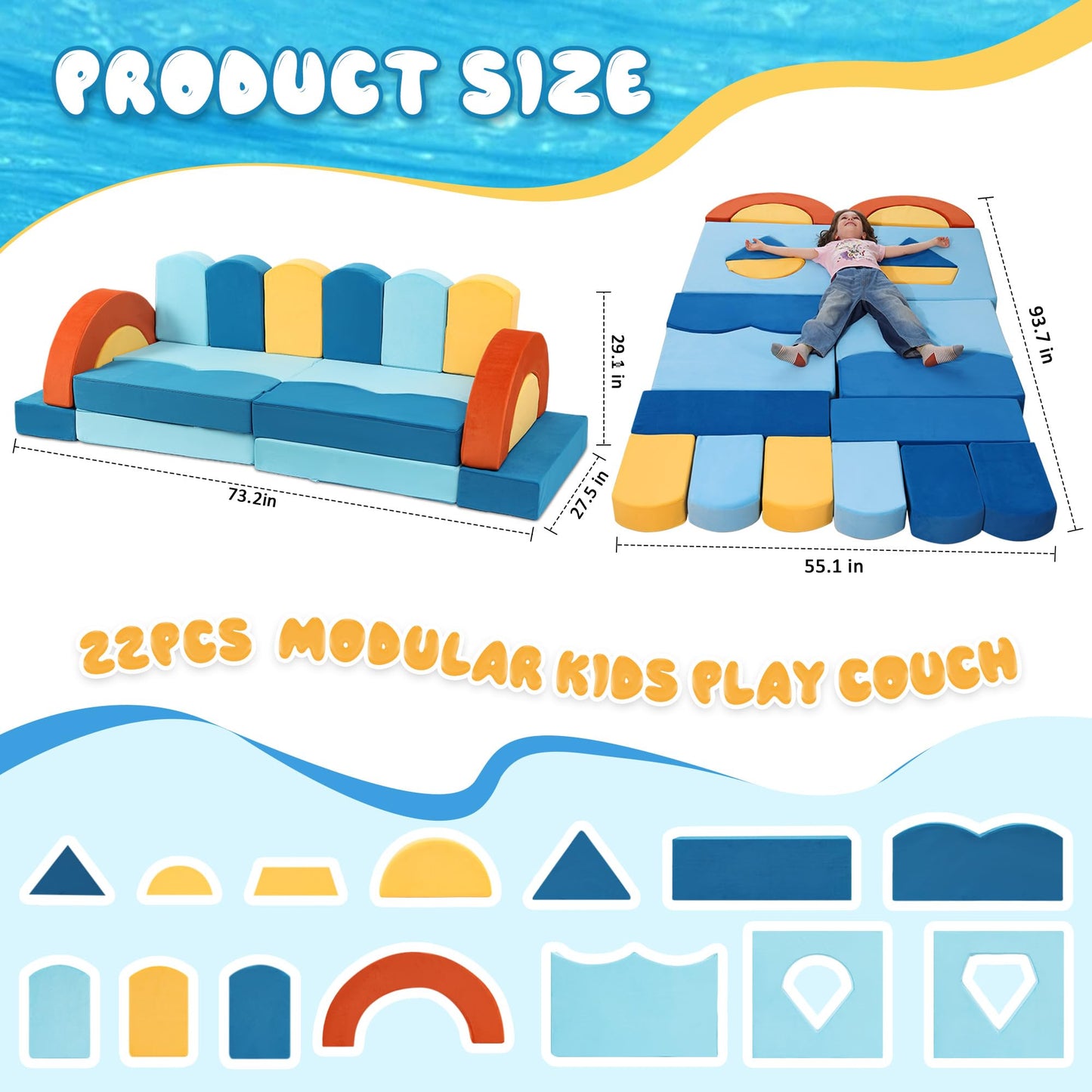 Erament 22Pcs Modular Kids Play Couch for Toddler - Kids Sofa Bed for Playroom, Convertible Furniture Ocean Theme Modular Sofa Building Fort for Inspiring Creativity