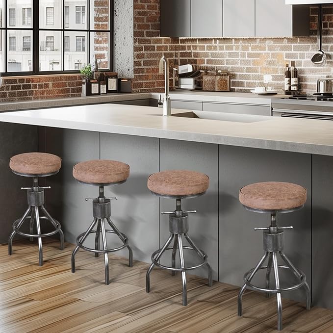 BOKKOLIK Industrial Bar Stools Swivel Pu Seat Vintage Kitchen Island Counter Stool 23-33inch Height Adjustable Rustic Shop Chair (Set of 2)