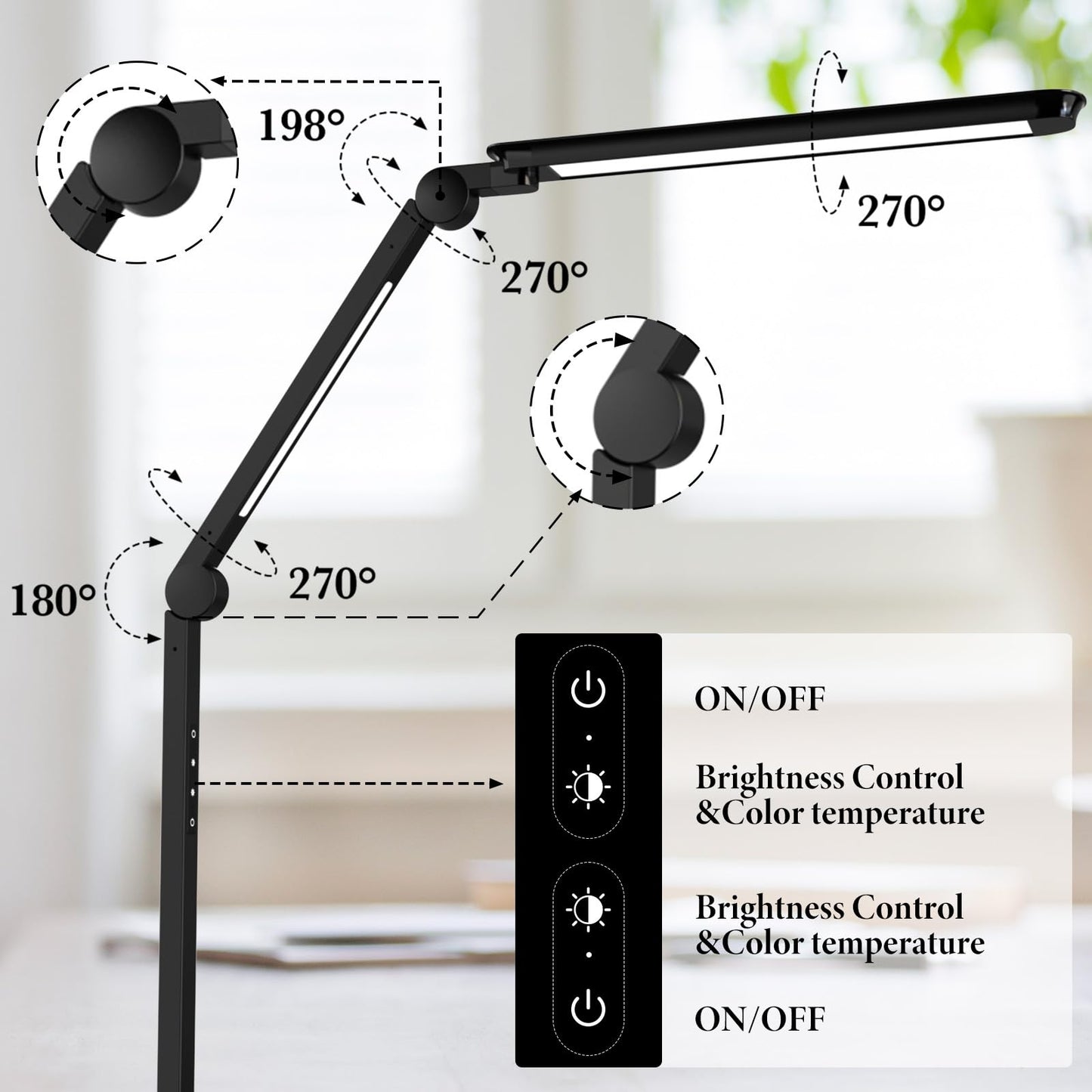 LED Desk Lamp for Home Office,Creative Touch Reading Light, with Memory Dual Light and Adjustable Swing Arm,15W 4 CCT Eye-Care Modes & 4 Brightness Levels Table Lamp with USB Charging Ports-Black
