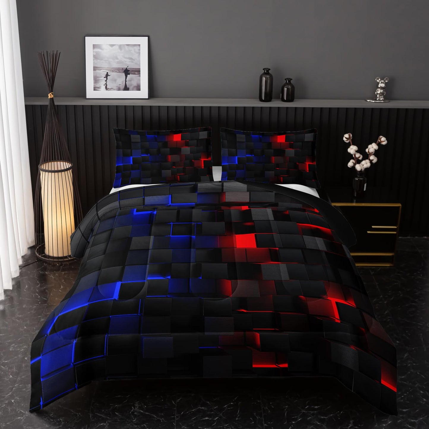 Nttopship Neon Red and Blue Comforter Set King Geometric Kids Bedding Set,3 PCS Geometry Honeycomb Bed Set Modern Quilt Set 1 Comforter 2 Pillow Cases Cool Room Decor All Season B-Side Black