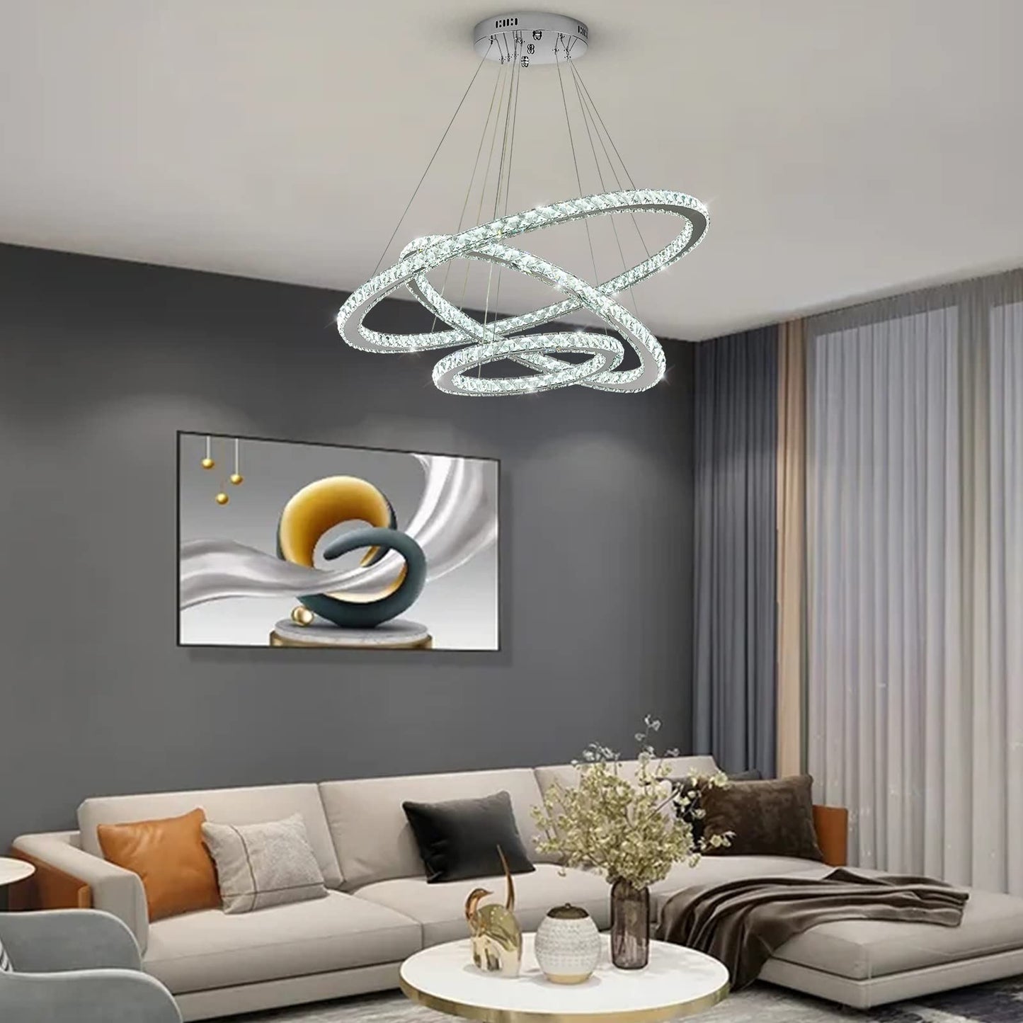 Siljoy LED Chandelier, Modern Ceiling Light Fixture with 3 Crystal Chandelier Lighting Rings, DIY & 3-Color Changing 3 Rings Adjustable Chandeliers for Living Room Dining Room Kitchen, D 12"-20"-28"