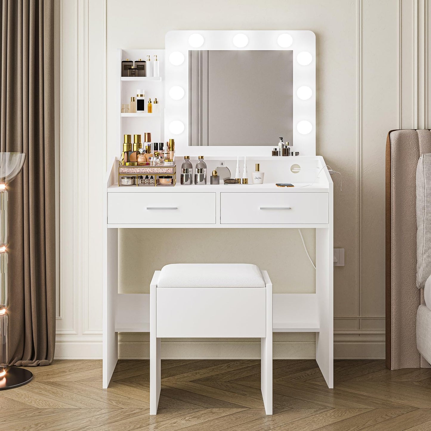 PeacefulHues Modern Vanity Desk with Lighted Mirror & Upholstered Stool, Makeup Table with 2 Spacious Drawers and 3-Color Dimmable LED Lights, Elegant Bedroom Vanity Set for Women and Girls